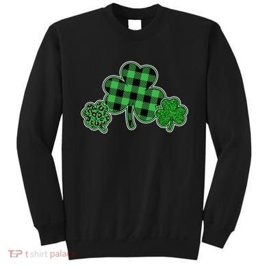 Cute St Patrick's Day Plaid Leopard Print Shamrocks Clovers Sweatshirt