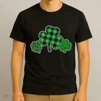 Cute St Patrick's Day Plaid Leopard Print Shamrocks Clovers T-Shirt thumb 3