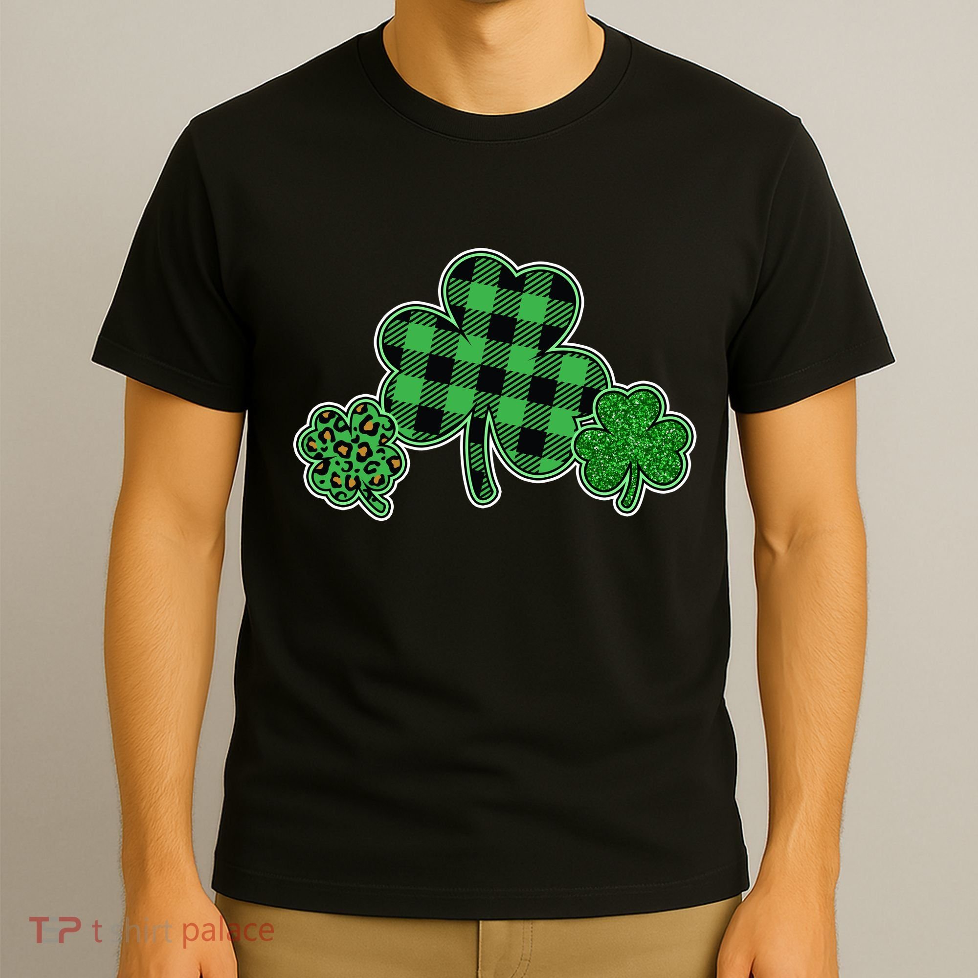 Cute St Patrick's Day Plaid Leopard Print Shamrocks Clovers T-Shirt