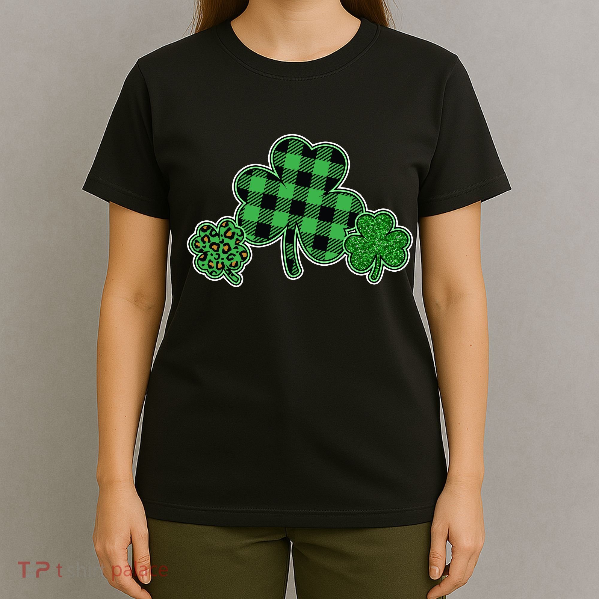 Cute St Patrick's Day Plaid Leopard Print Shamrocks Clovers T-Shirt