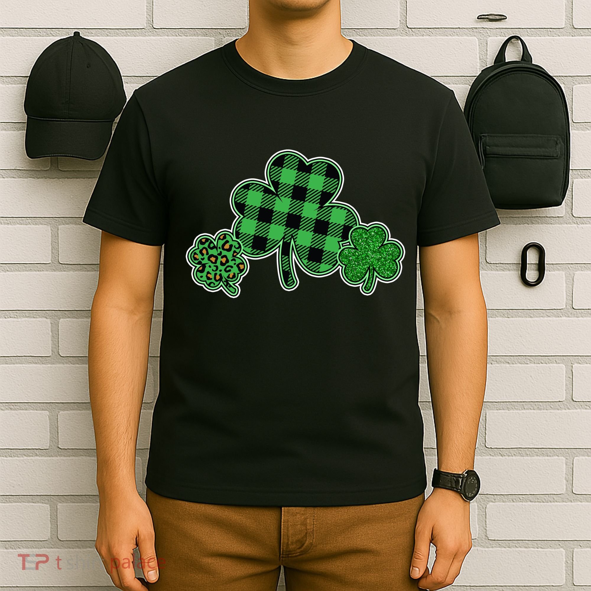 Cute St Patrick's Day Plaid Leopard Print Shamrocks Clovers T-Shirt