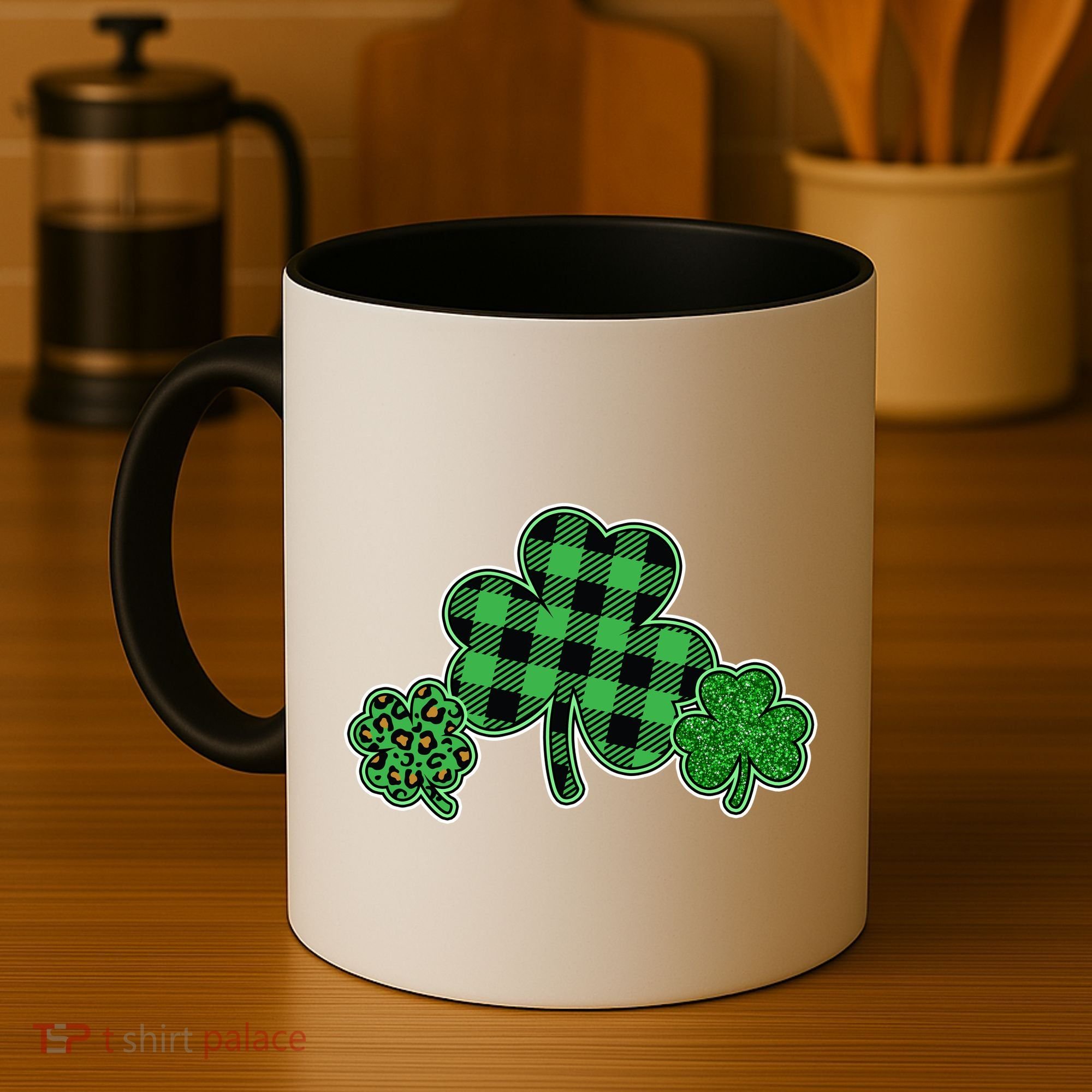 Cute St Patrick's Day Plaid Leopard Print Shamrocks Clovers Coffee Mug