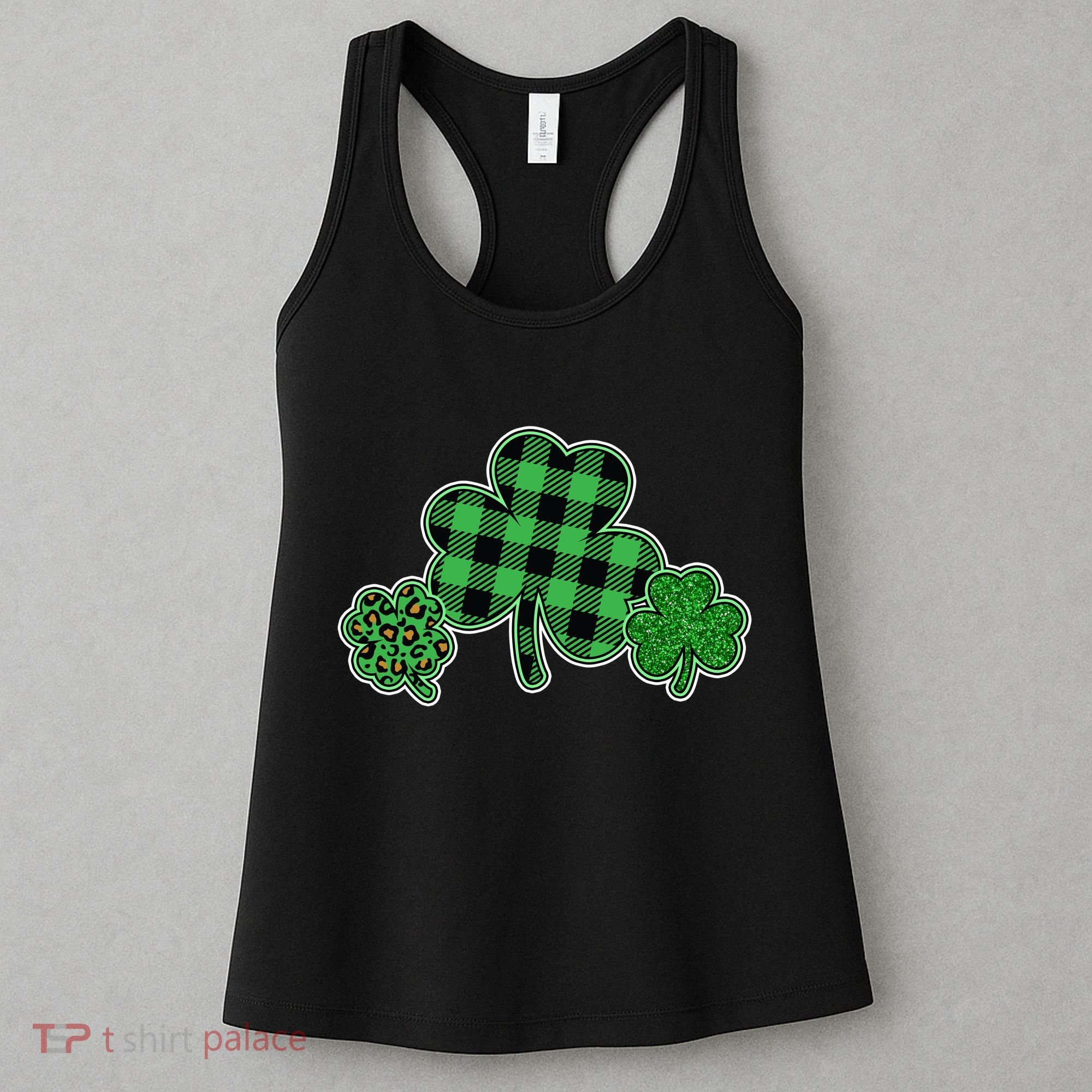 Cute St Patrick's Day Plaid Leopard Print Shamrocks Clovers Women's Tank Top
