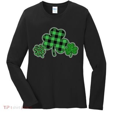 Cute St Patrick's Day Plaid Leopard Print Shamrocks Clovers Women's Long Sleeve Shirt