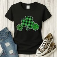 Cute St Patrick's Day Plaid Leopard Print Shamrocks Clovers Women's T-Shirt thumb 3