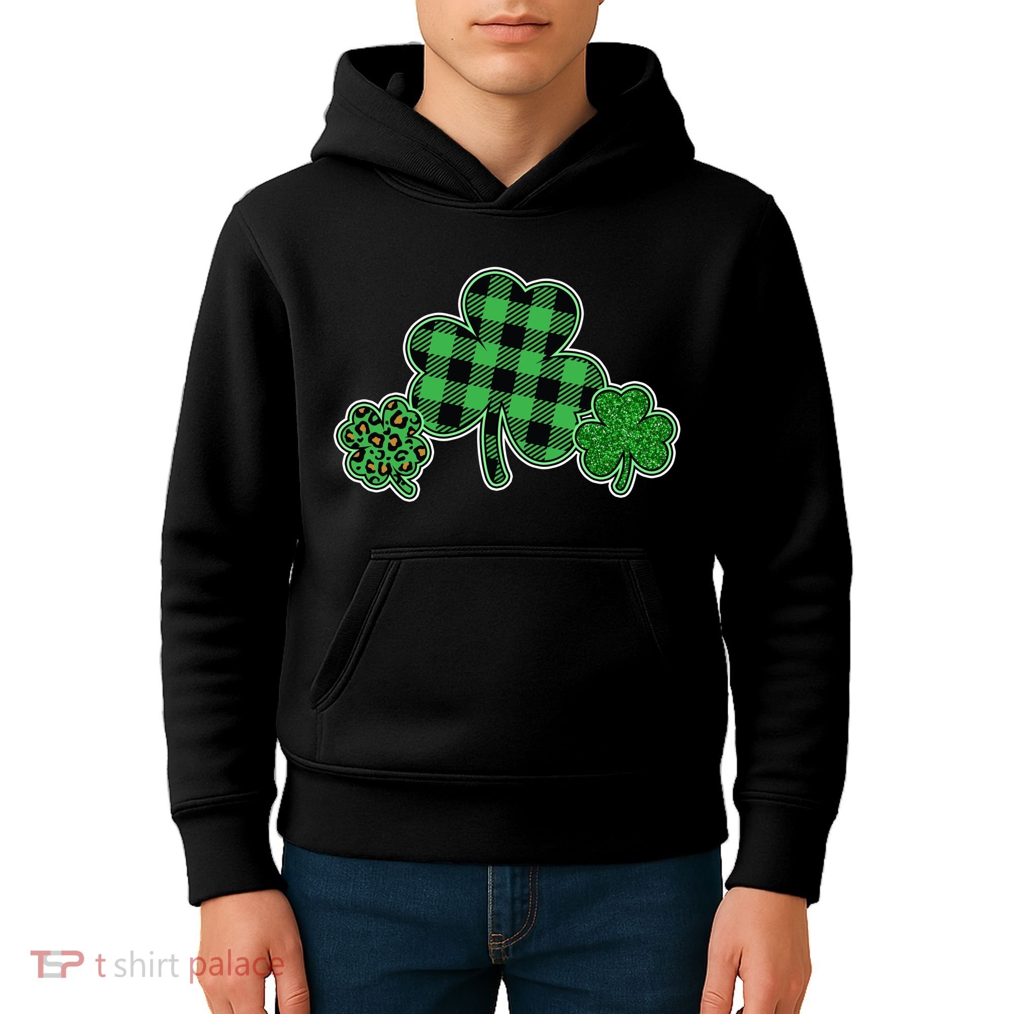 Cute St Patrick's Day Plaid Leopard Print Shamrocks Clovers Kids Hoodie