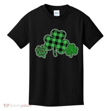 Cute St Patrick's Day Plaid Leopard Print Shamrocks Clovers Kids T-Shirt