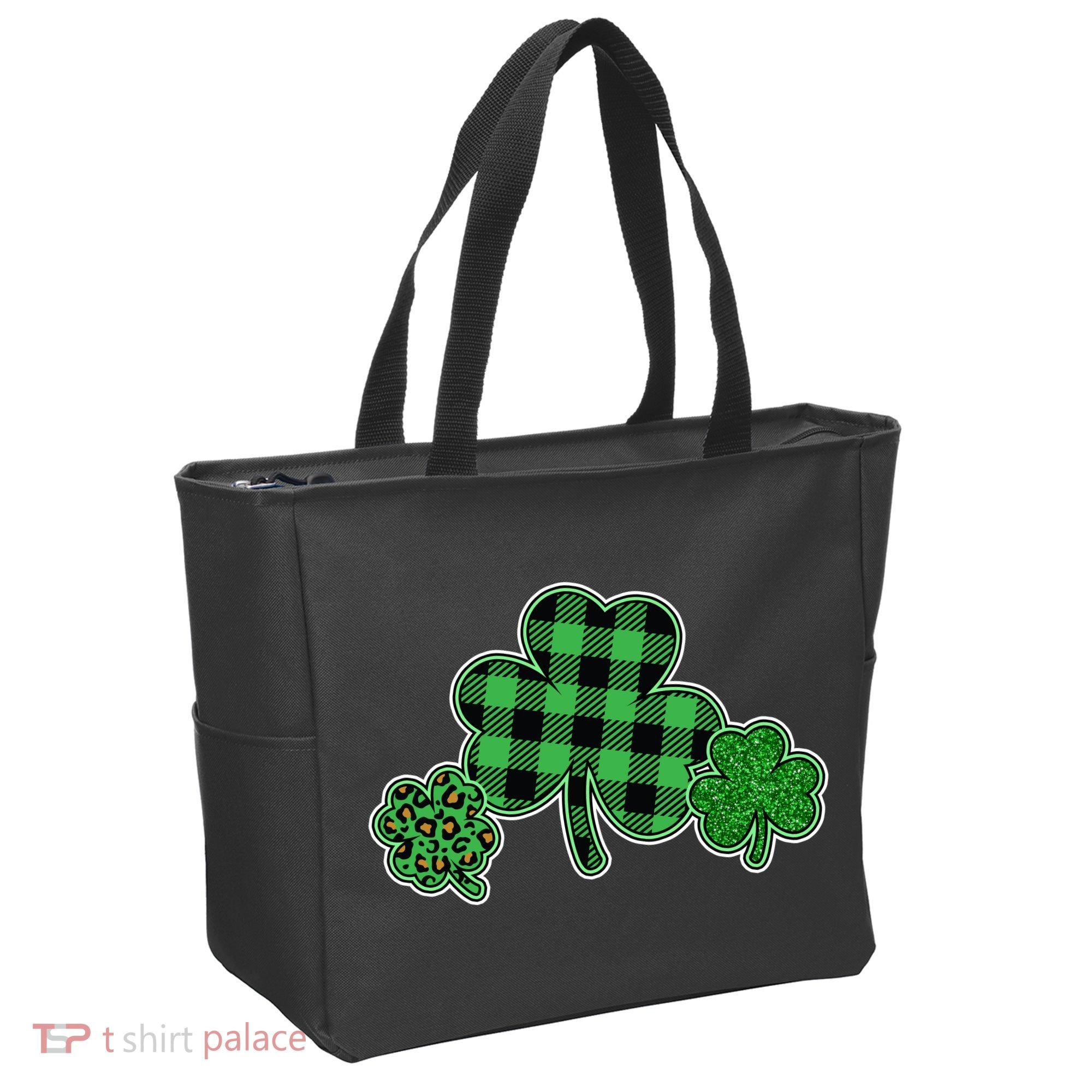 Cute St Patrick's Day Plaid Leopard Print Shamrocks Clovers Tote Bag