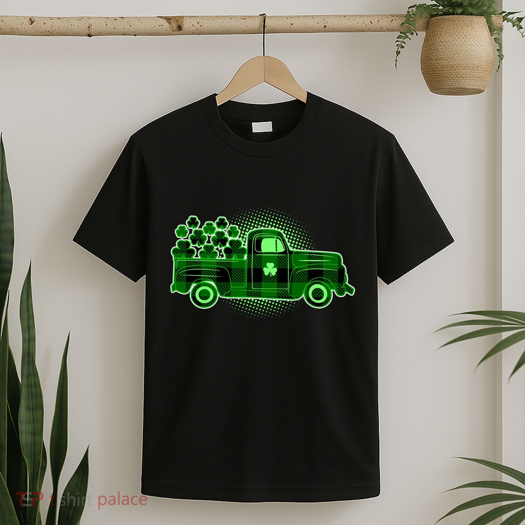 Cute St Patrick's Day Plaid Pick Up Truck Full Of Shamrocks Clovers T-Shirt