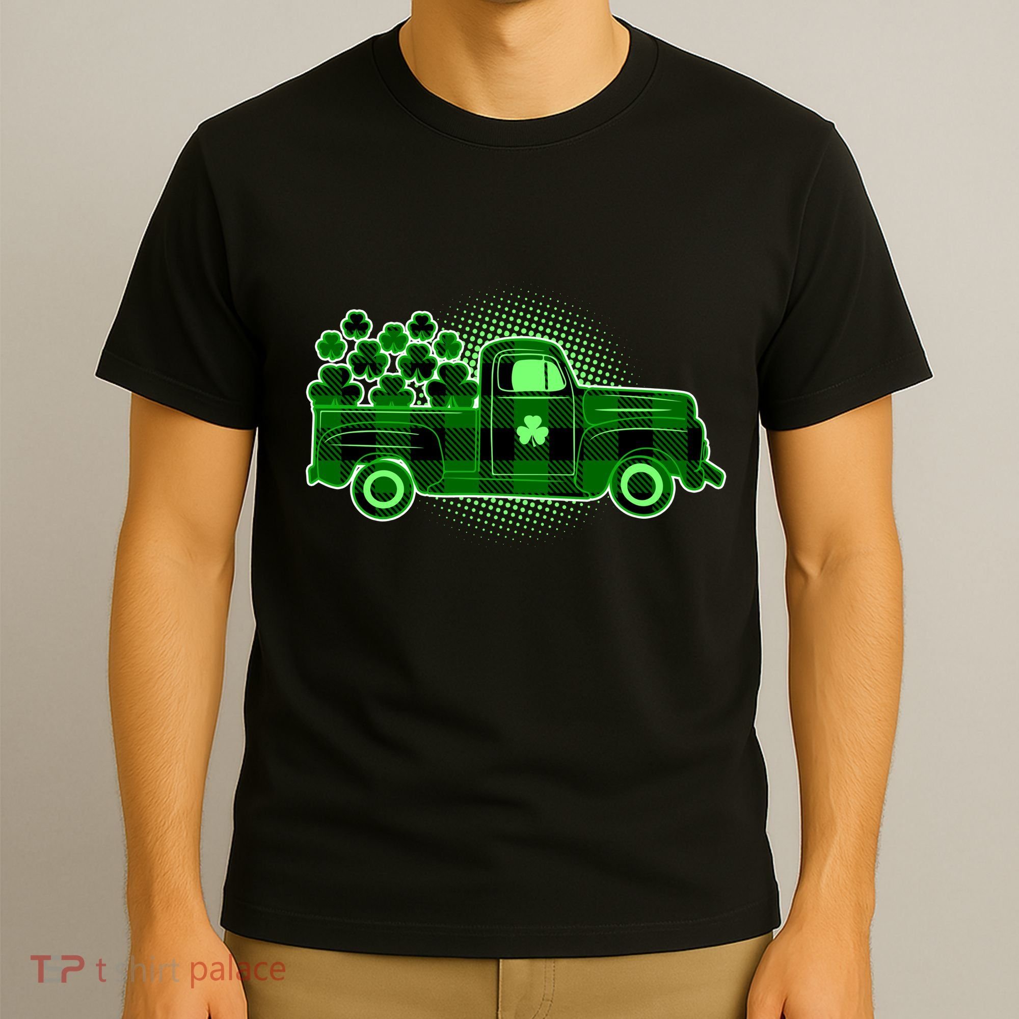 Cute St Patrick's Day Plaid Pick Up Truck Full Of Shamrocks Clovers T-Shirt