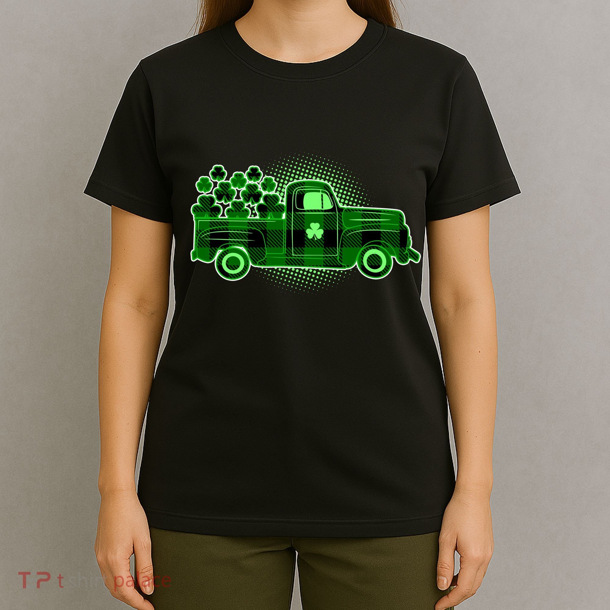 Cute St Patrick's Day Plaid Pick Up Truck Full Of Shamrocks Clovers T-Shirt