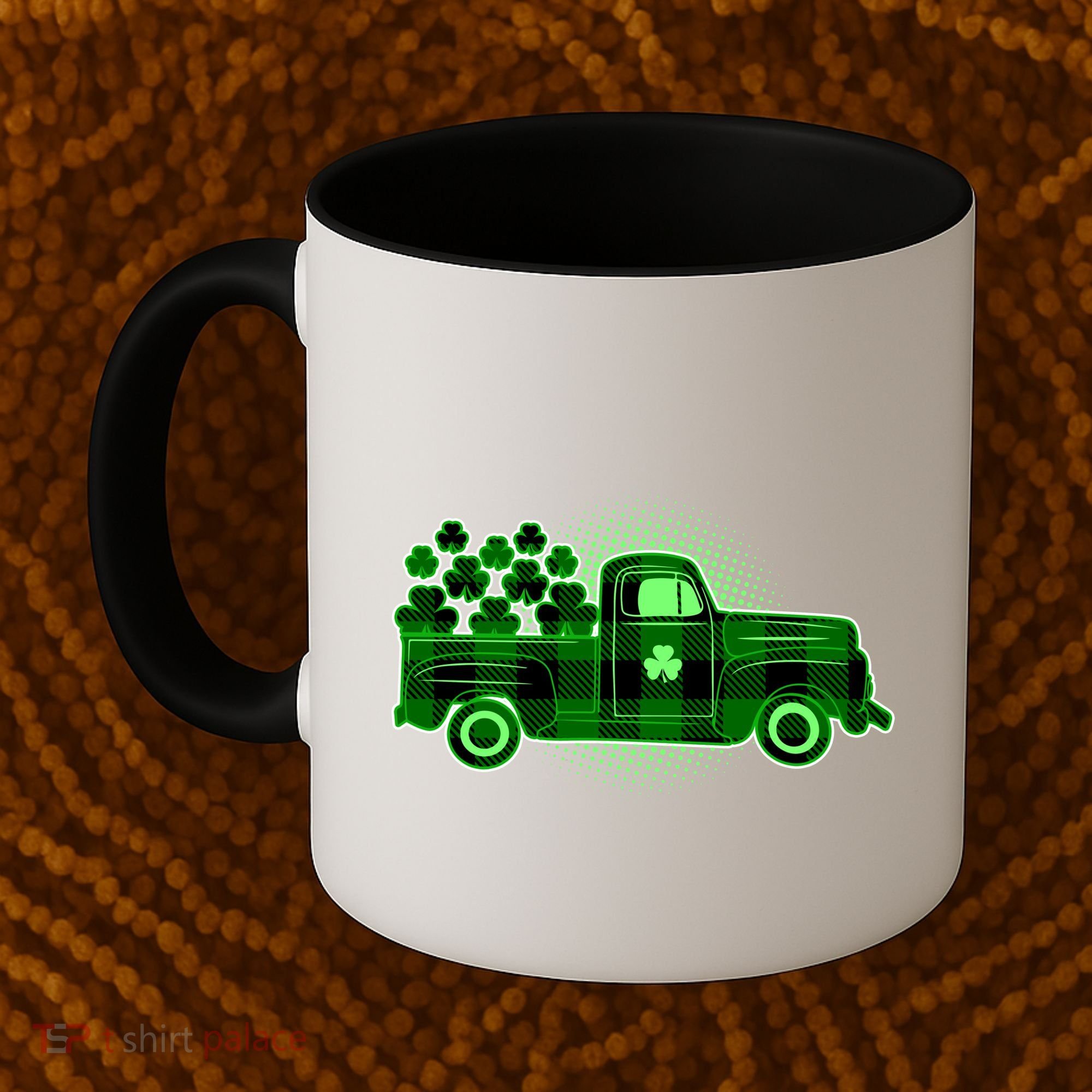 Cute St Patrick's Day Plaid Pick Up Truck Full Of Shamrocks Clovers Coffee Mug