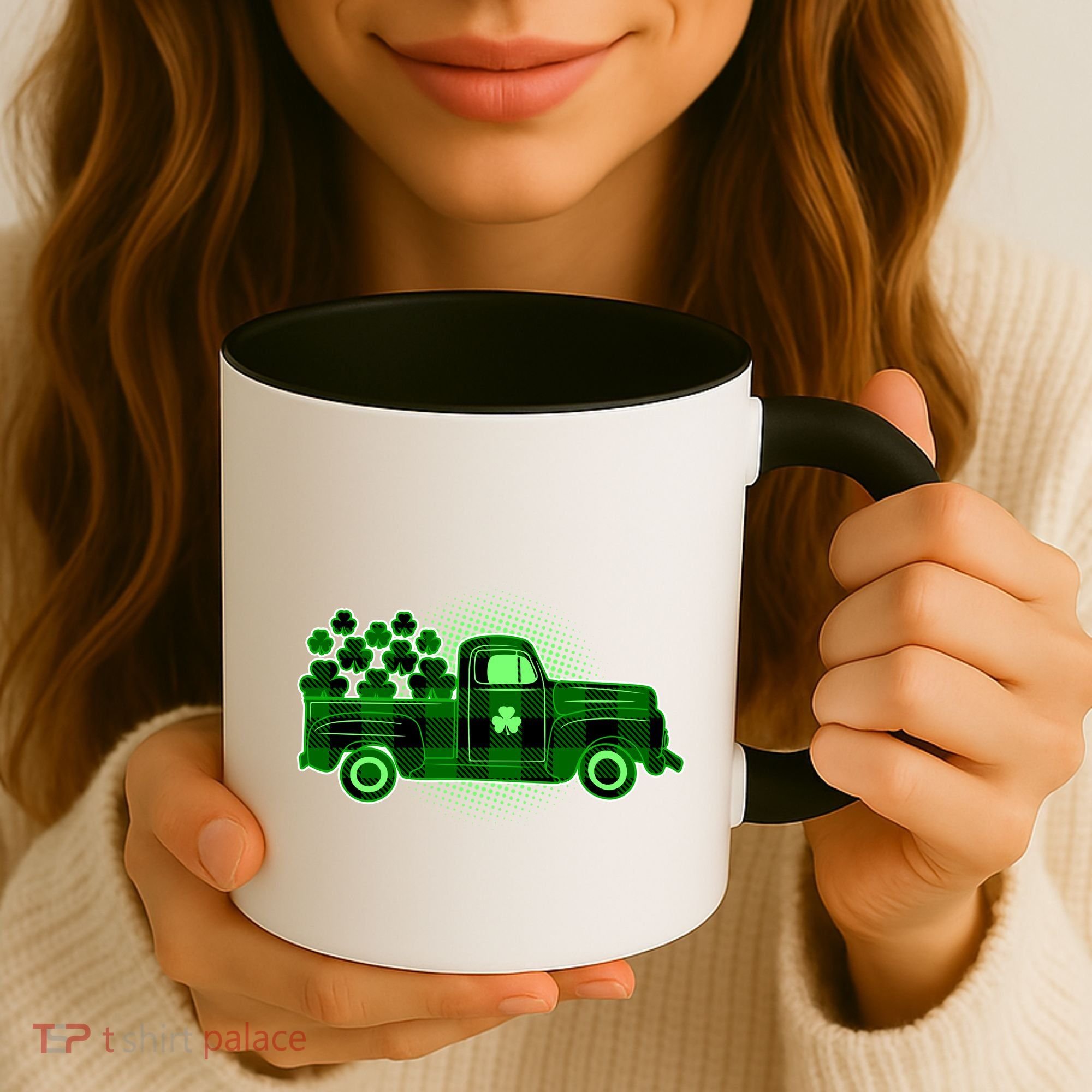 Cute St Patrick's Day Plaid Pick Up Truck Full Of Shamrocks Clovers Coffee Mug