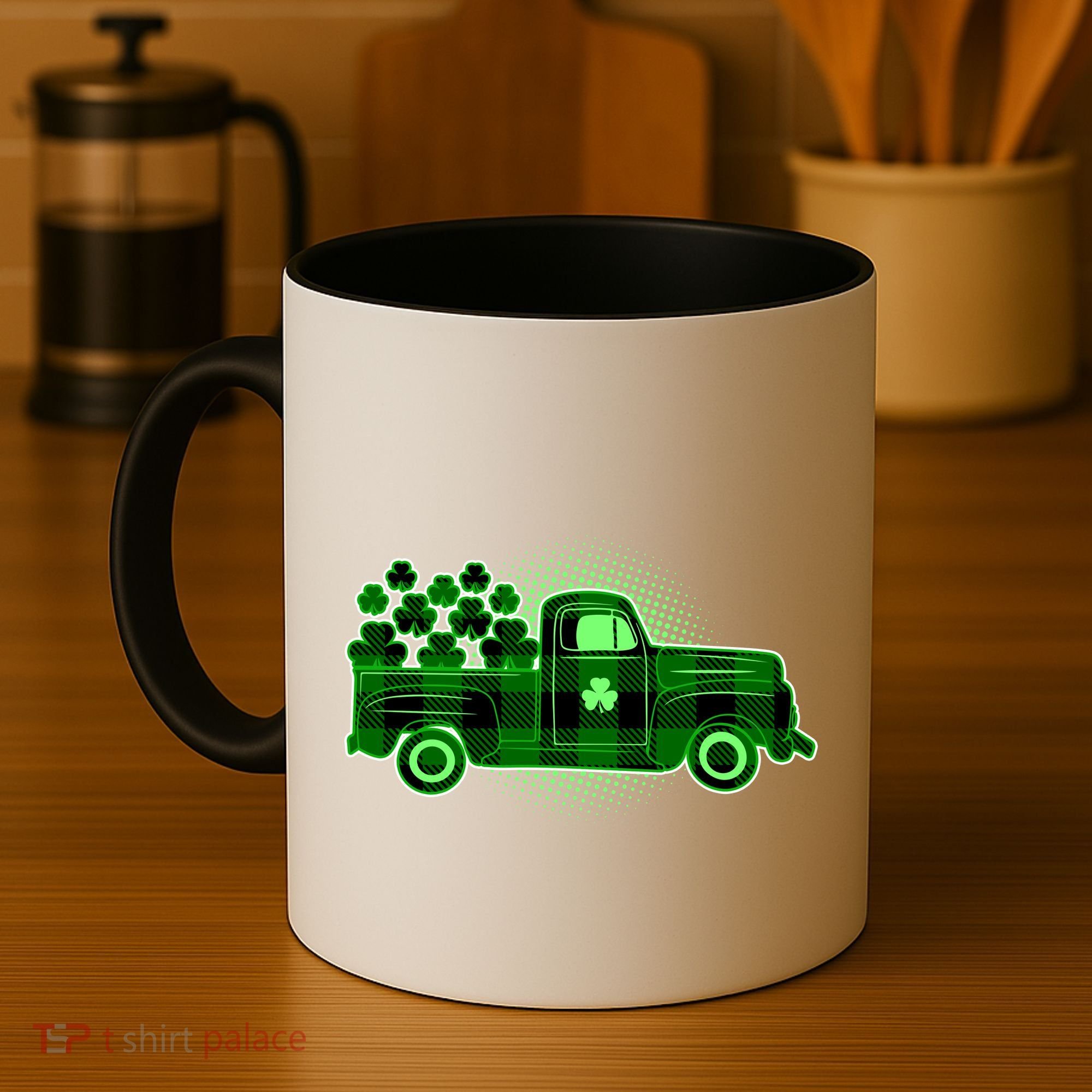 Cute St Patrick's Day Plaid Pick Up Truck Full Of Shamrocks Clovers Coffee Mug