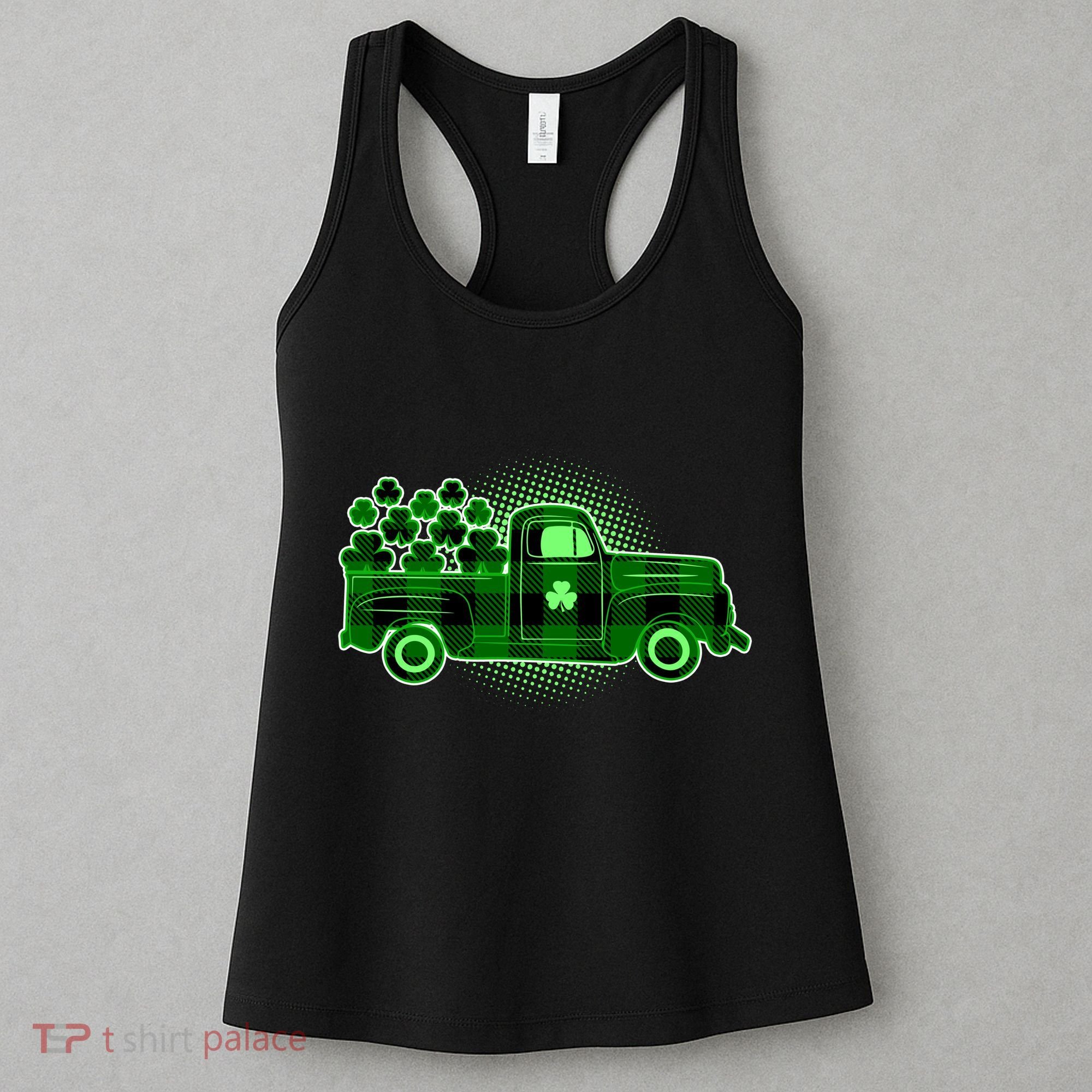 Cute St Patrick's Day Plaid Pick Up Truck Full Of Shamrocks Clovers Women's Tank Top