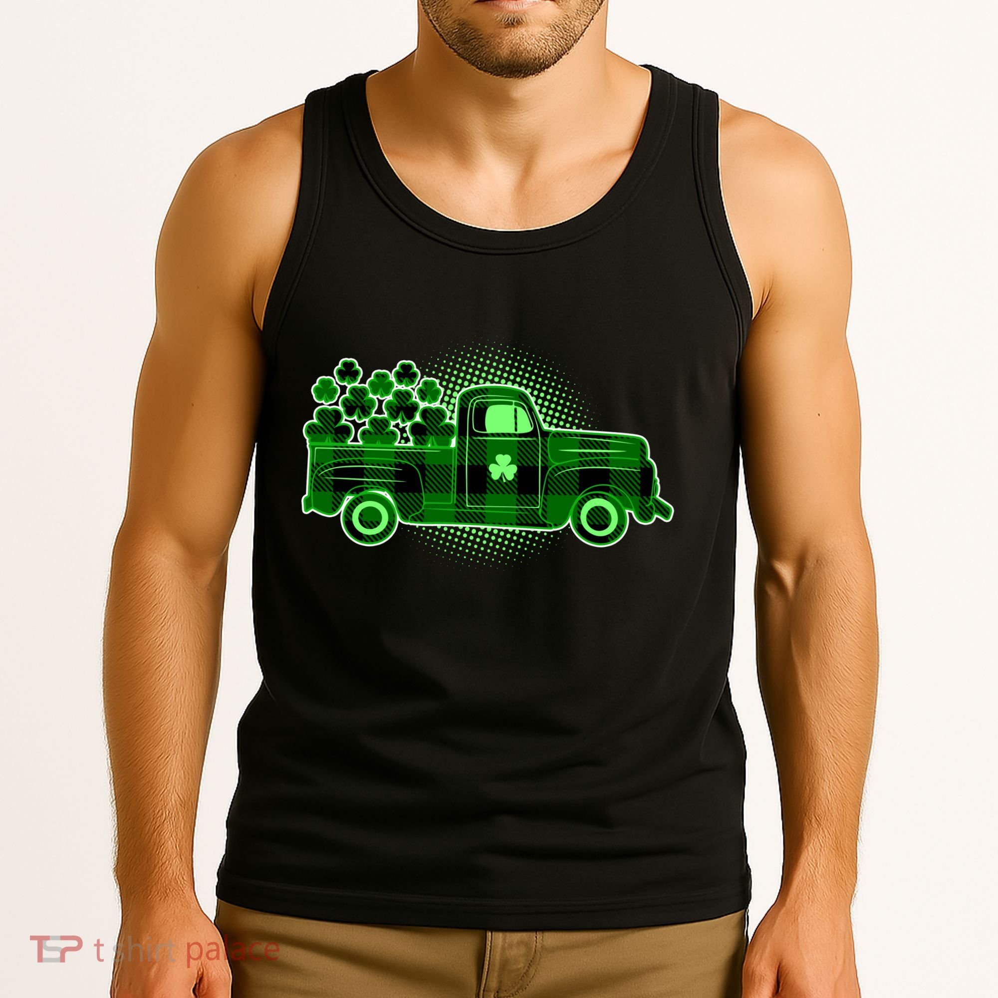 Cute St Patrick's Day Plaid Pick Up Truck Full Of Shamrocks Clovers Tank Top