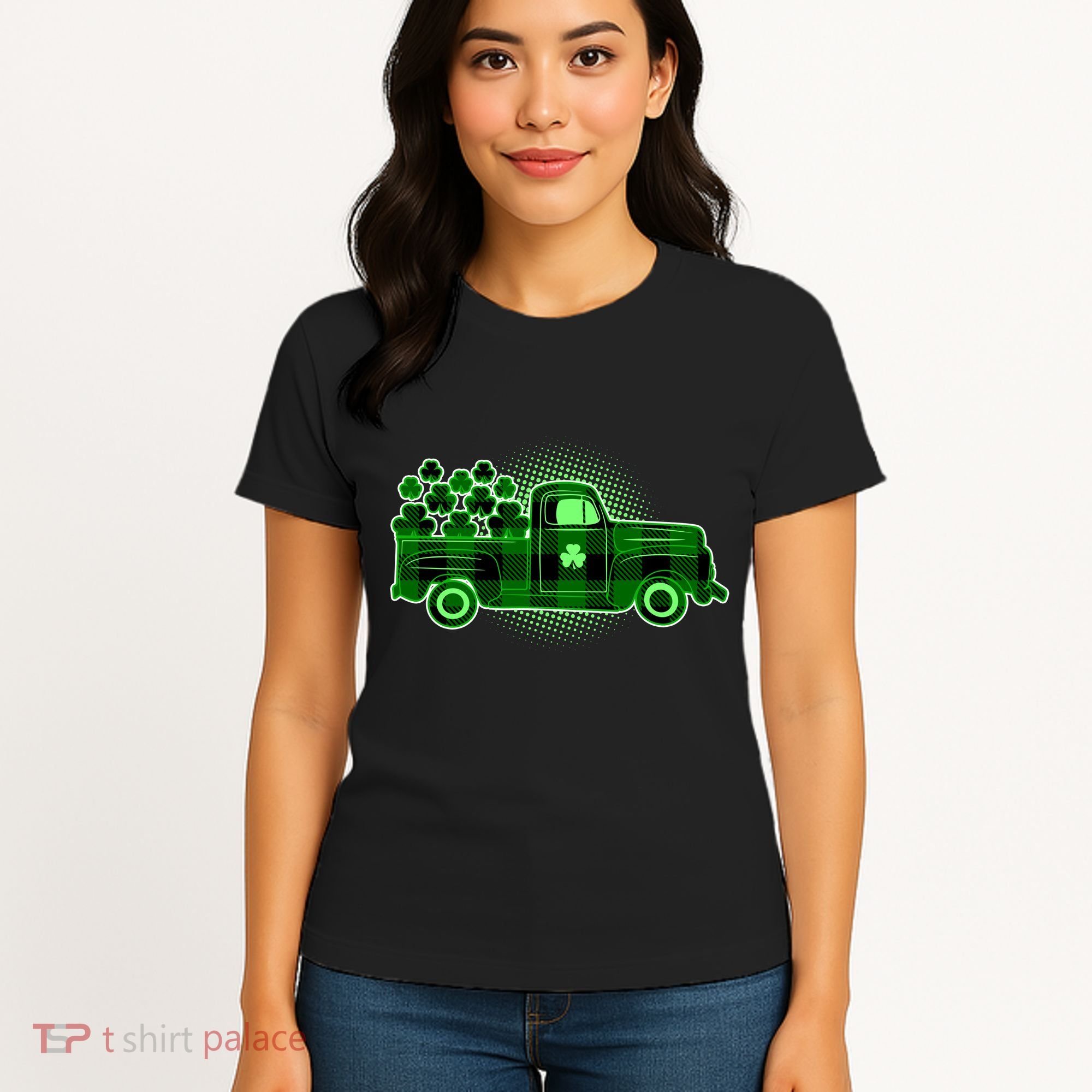 Cute St Patrick's Day Plaid Pick Up Truck Full Of Shamrocks Clovers Women's T-Shirt