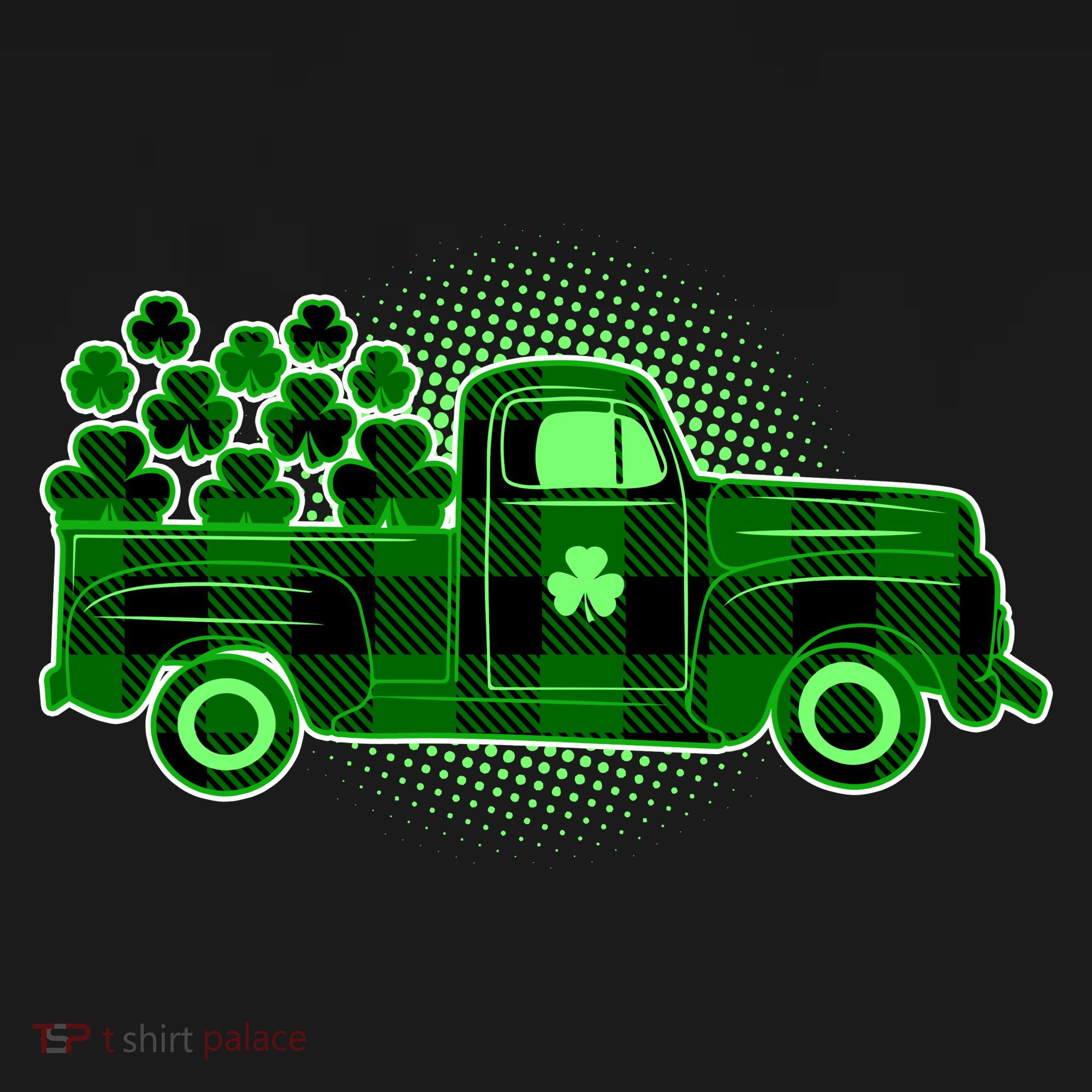 Cute St Patrick's Day Plaid Pick Up Truck Full Of Shamrocks Clovers Women's T-Shirt
