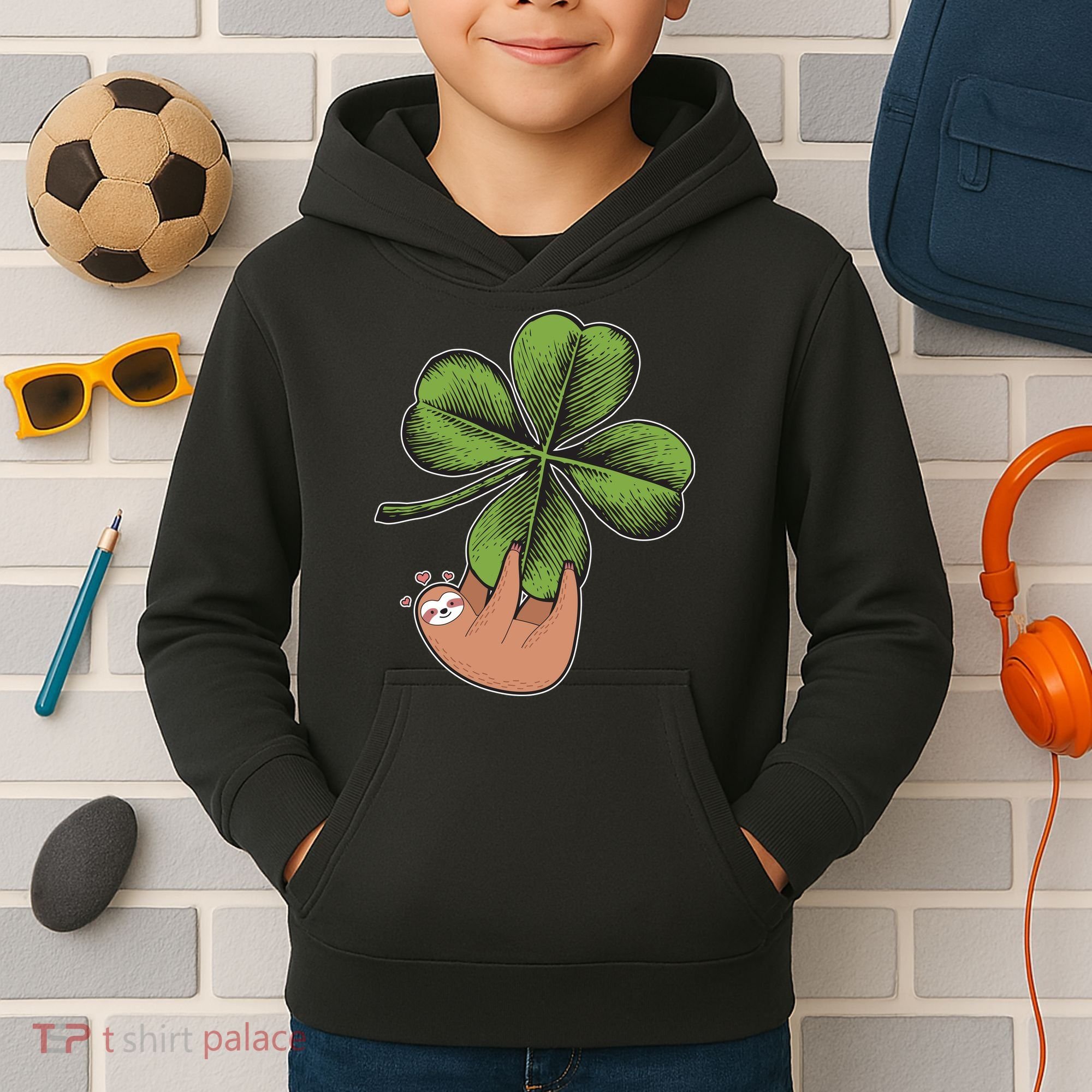 Cute St Patrick's Day Shamrock Sloth Kids Hoodie