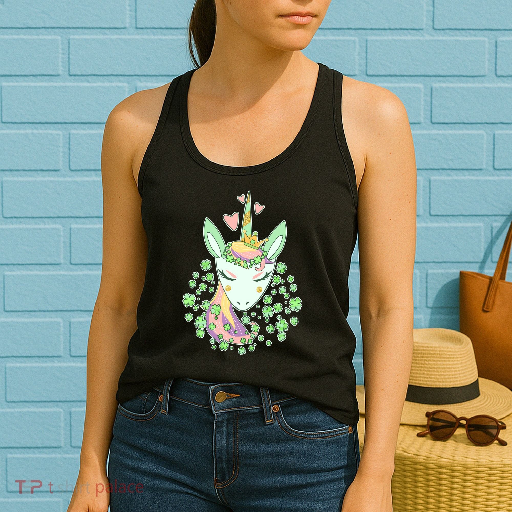 Cute St Patrick's Day Unicorn Shamrocks Clovers Women's Tank Top