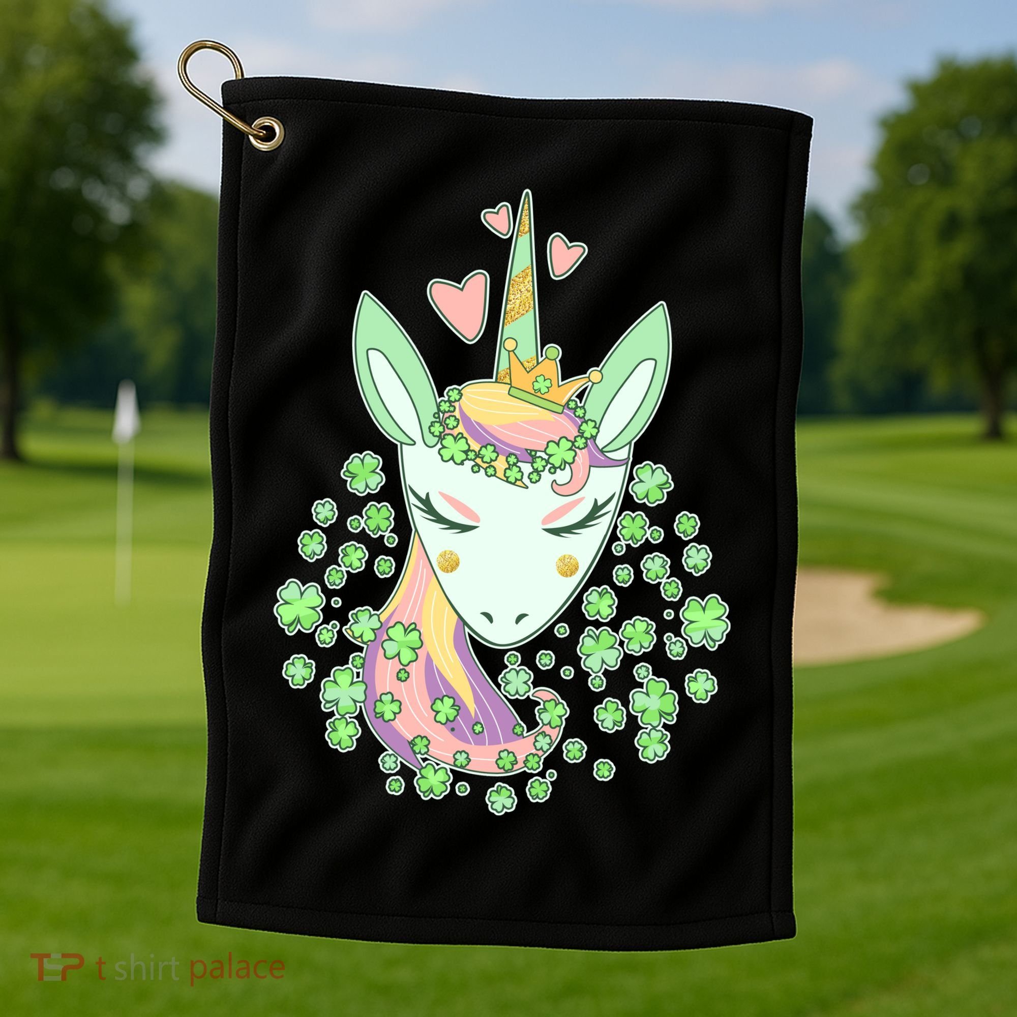 Cute St Patrick's Day Unicorn Shamrocks Clovers Golf Towel