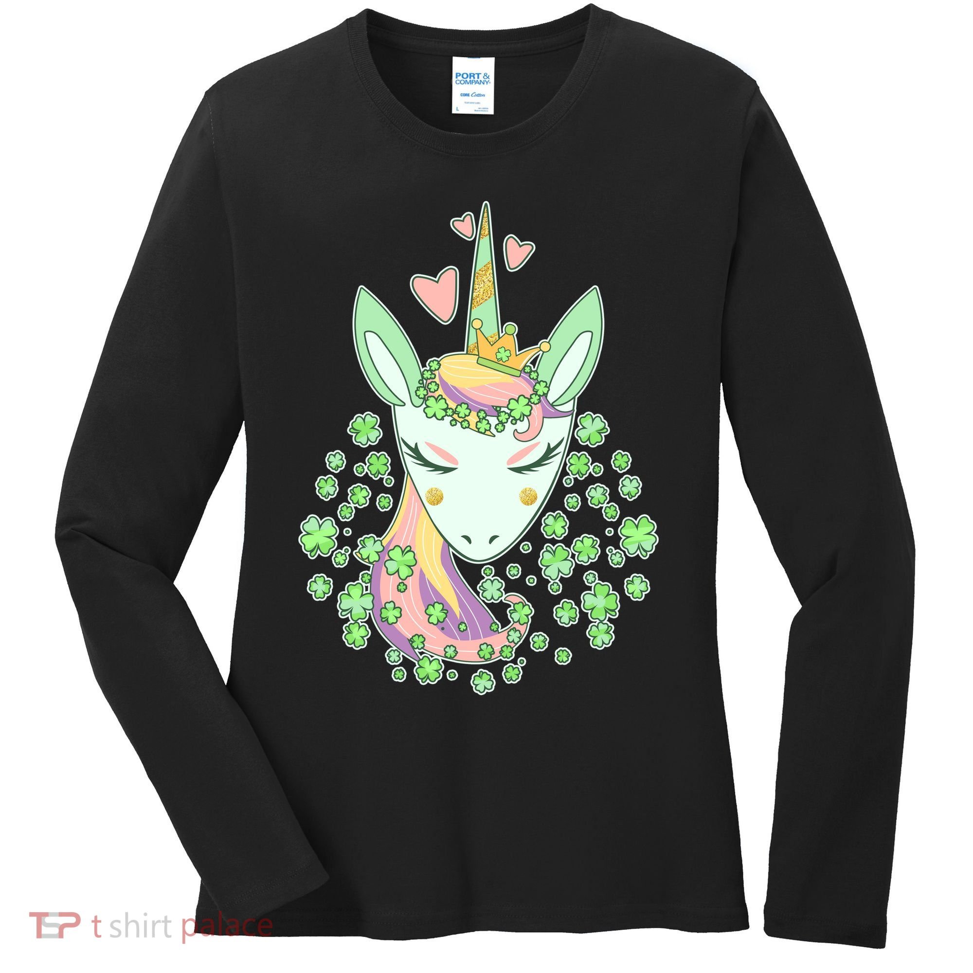 Cute St Patrick's Day Unicorn Shamrocks Clovers Women's Long Sleeve Shirt
