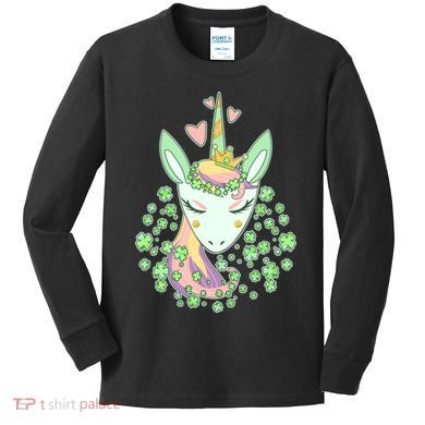 Cute St Patrick's Day Unicorn Shamrocks Clovers Kids Long Sleeve Shirt