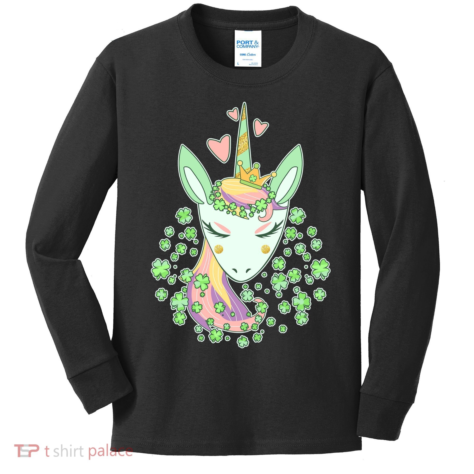 Cute St Patrick's Day Unicorn Shamrocks Clovers Kids Long Sleeve Shirt