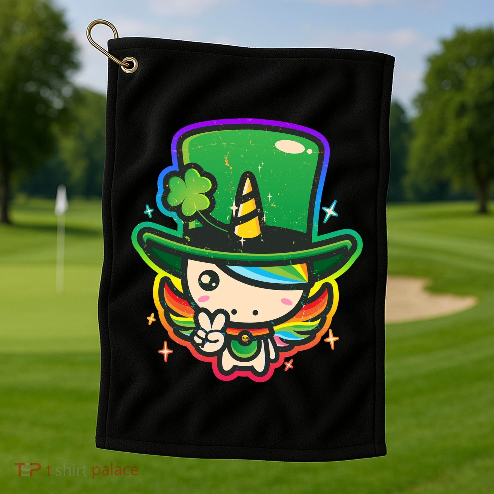 Cute St Patricks Leprechaun Rainbow Unicorn Golf Towel