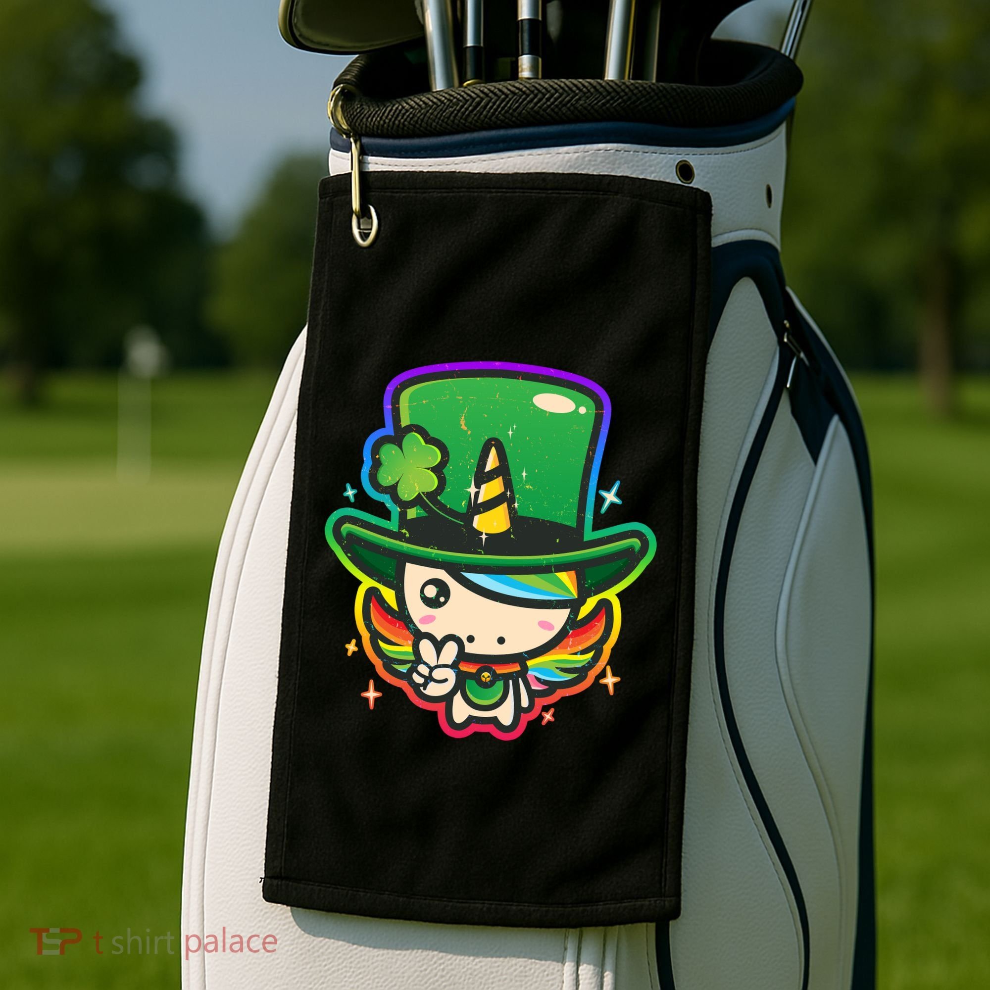 Cute St Patricks Leprechaun Rainbow Unicorn Golf Towel
