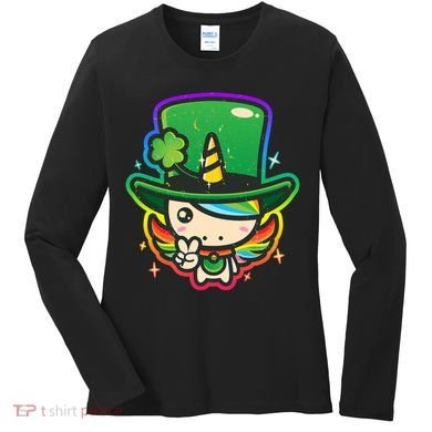 Cute St Patricks Leprechaun Rainbow Unicorn Women's Long Sleeve Shirt