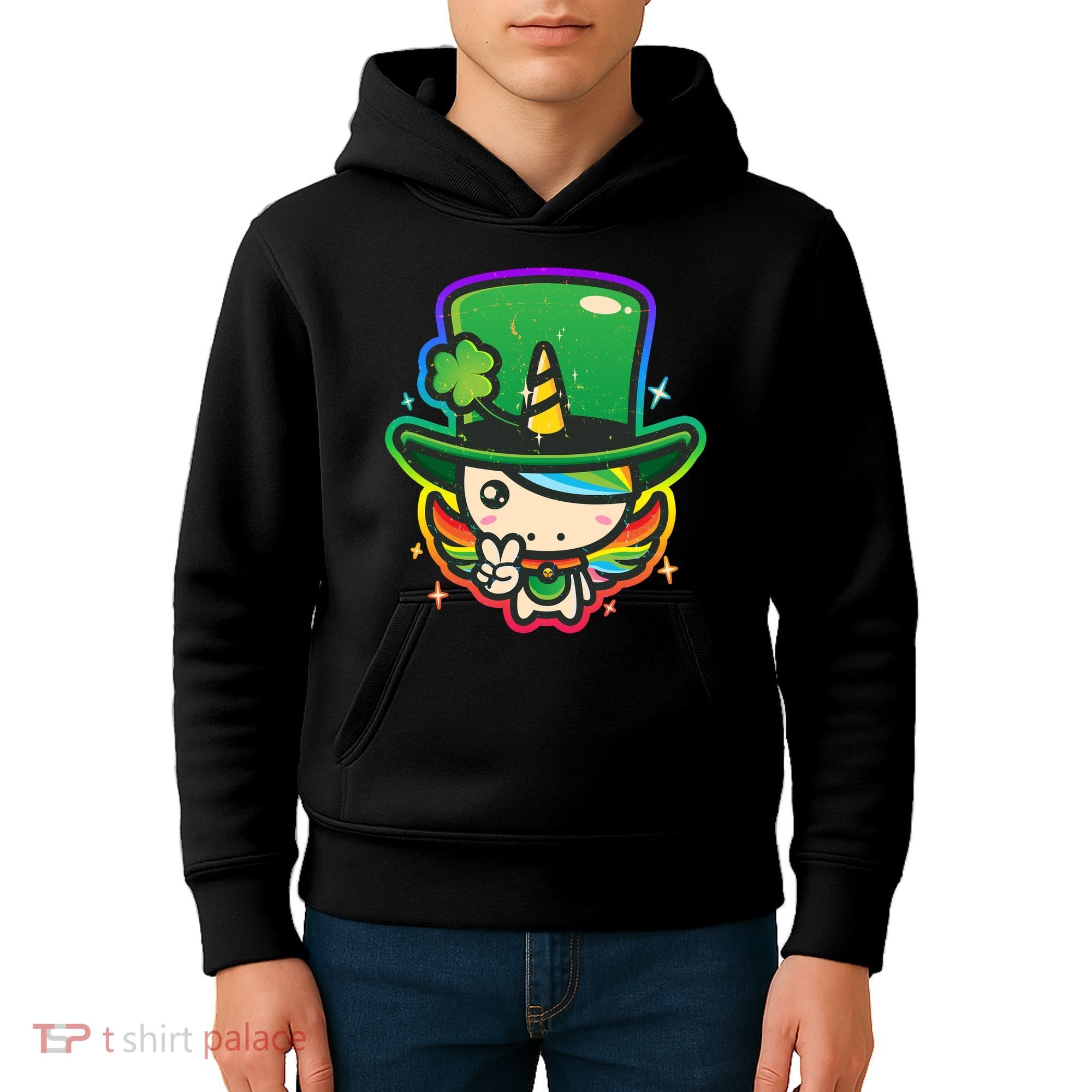 Cute St Patricks Leprechaun Rainbow Unicorn Kids Hoodie