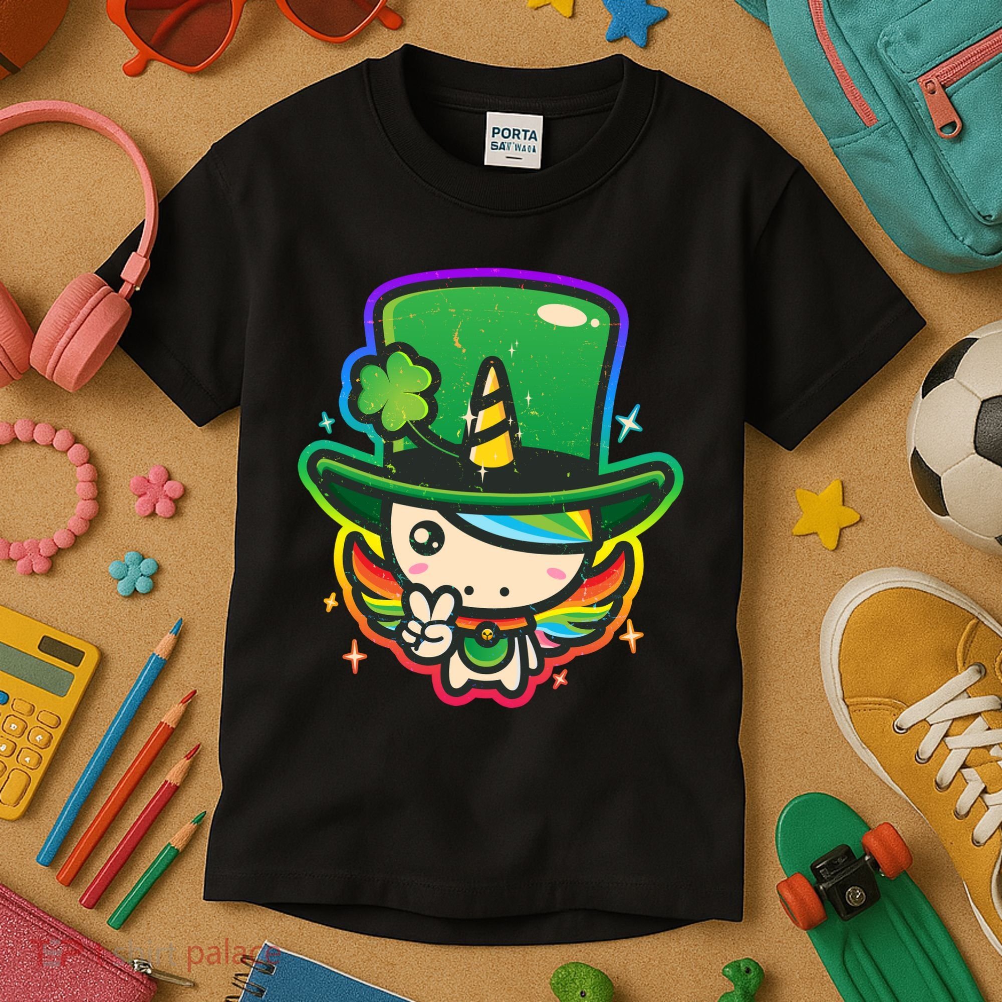 Cute St Patricks Leprechaun Rainbow Unicorn Kids T-Shirt