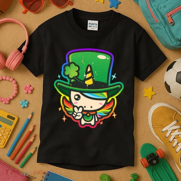 Cute St Patricks Leprechaun Rainbow Unicorn Kids T-Shirt