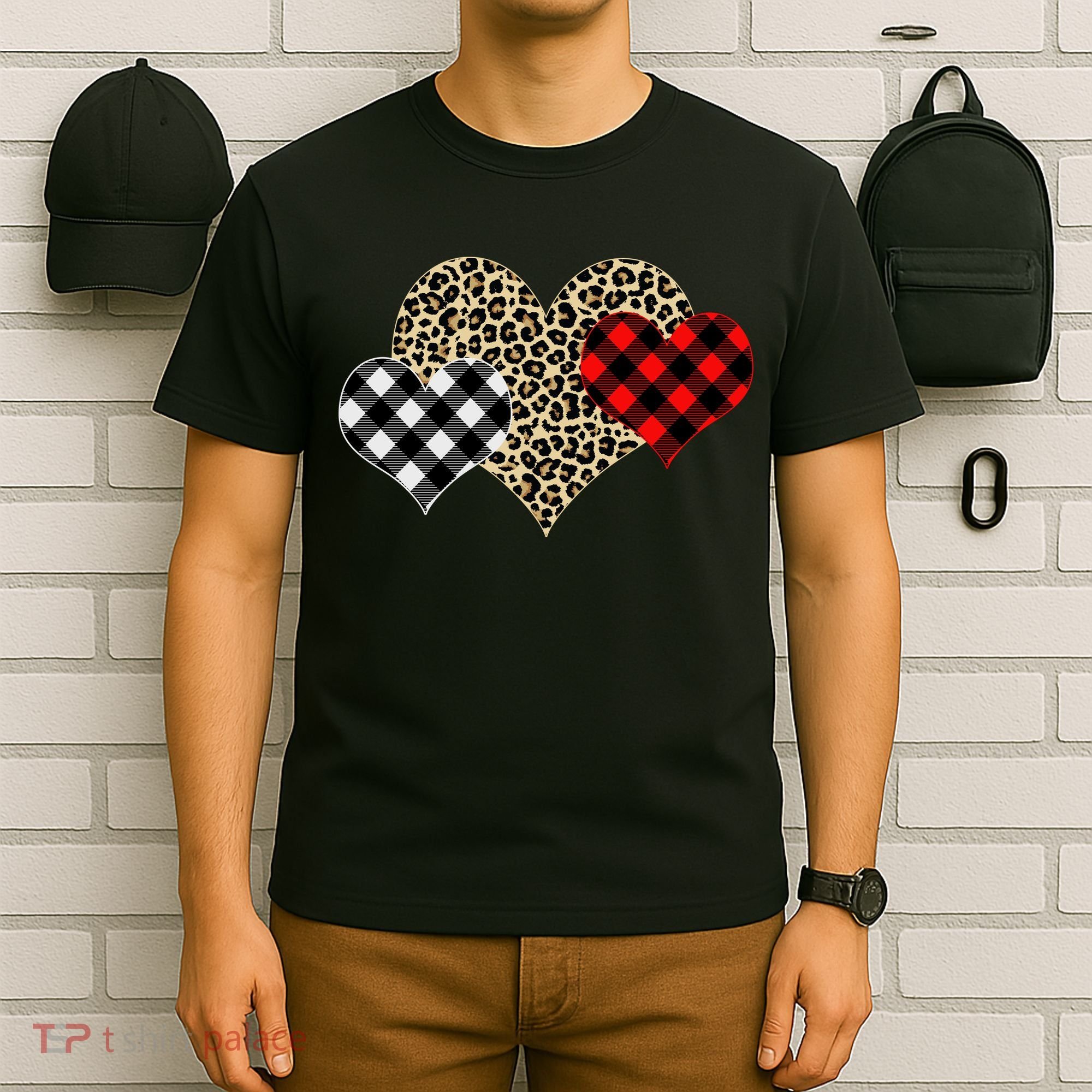 Cute Stylish Leopard Plaid Print Valentine Hearts T-Shirt