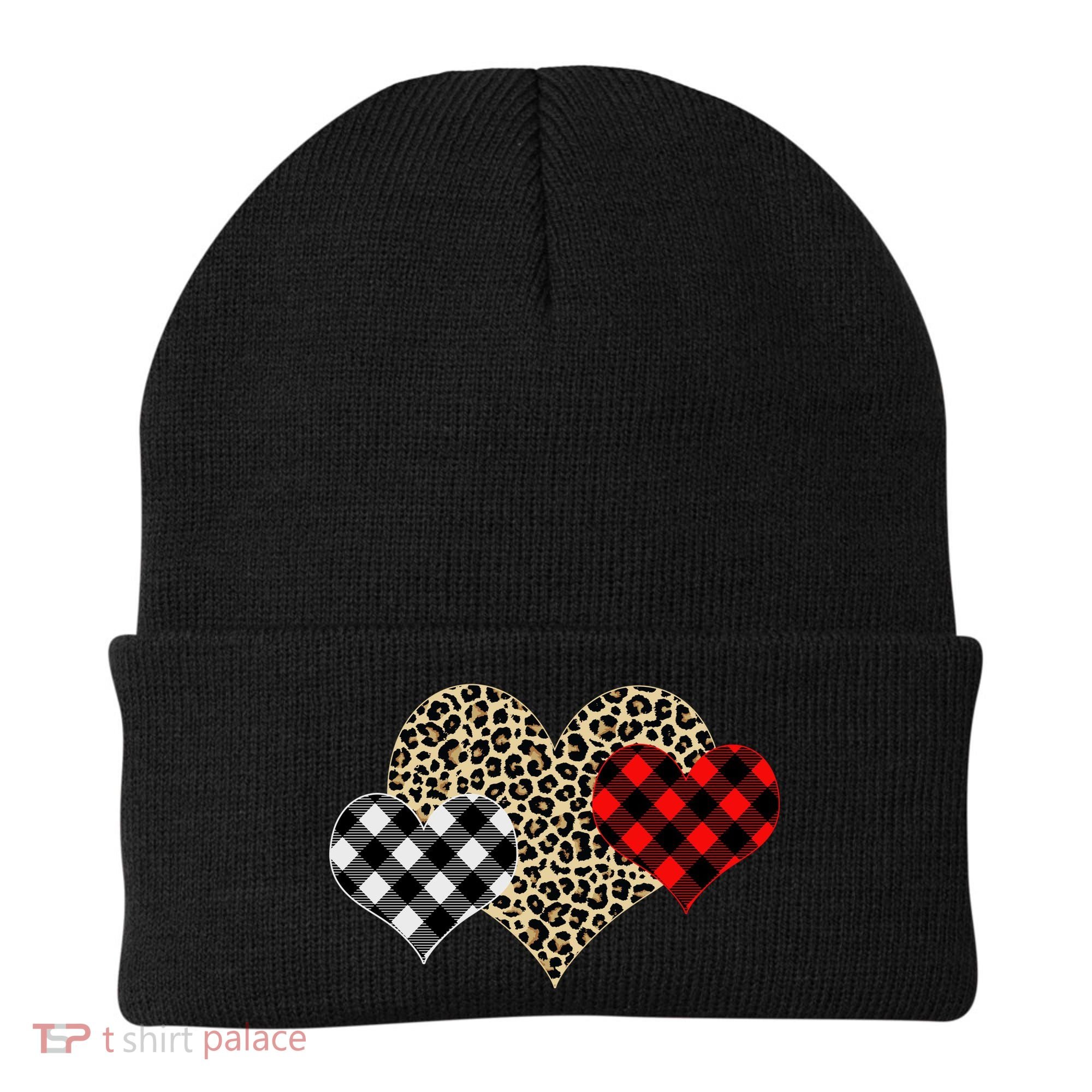 Cute Stylish Leopard Plaid Print Valentine Hearts Beanie