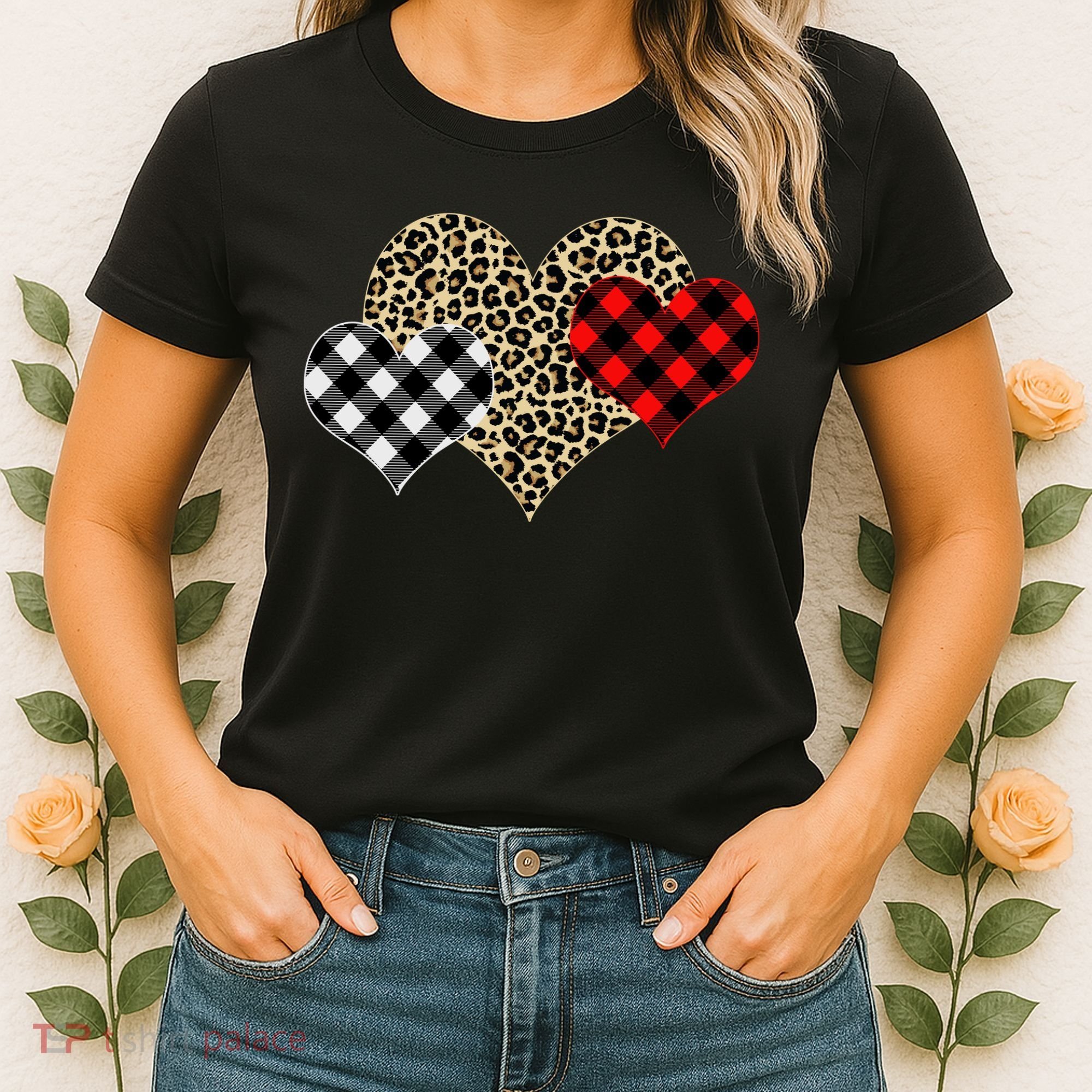 Cute Stylish Leopard Plaid Print Valentine Hearts Women's T-Shirt