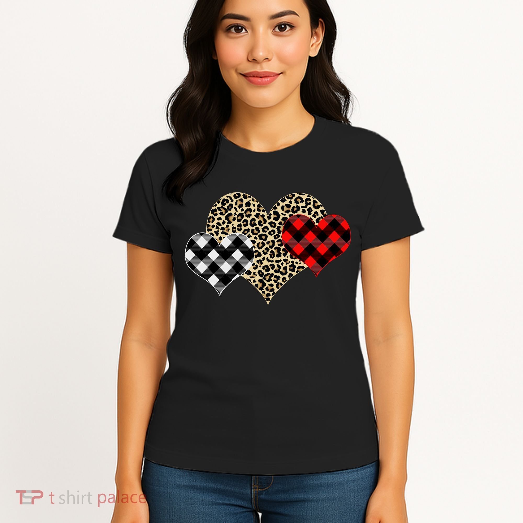 Cute Stylish Leopard Plaid Print Valentine Hearts Women's T-Shirt