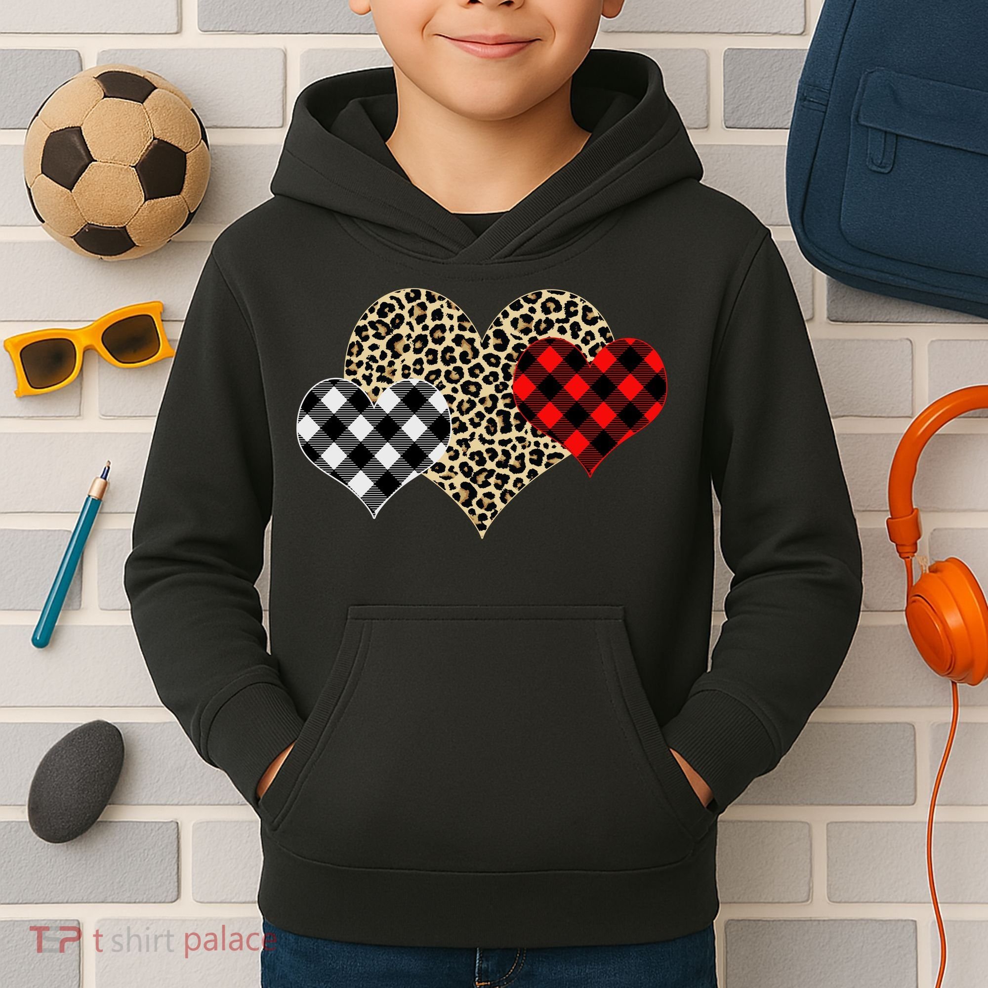 Cute Stylish Leopard Plaid Print Valentine Hearts Kids Hoodie
