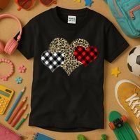 Cute Stylish Leopard Plaid Print Valentine Hearts Kids T-Shirt thumb 3