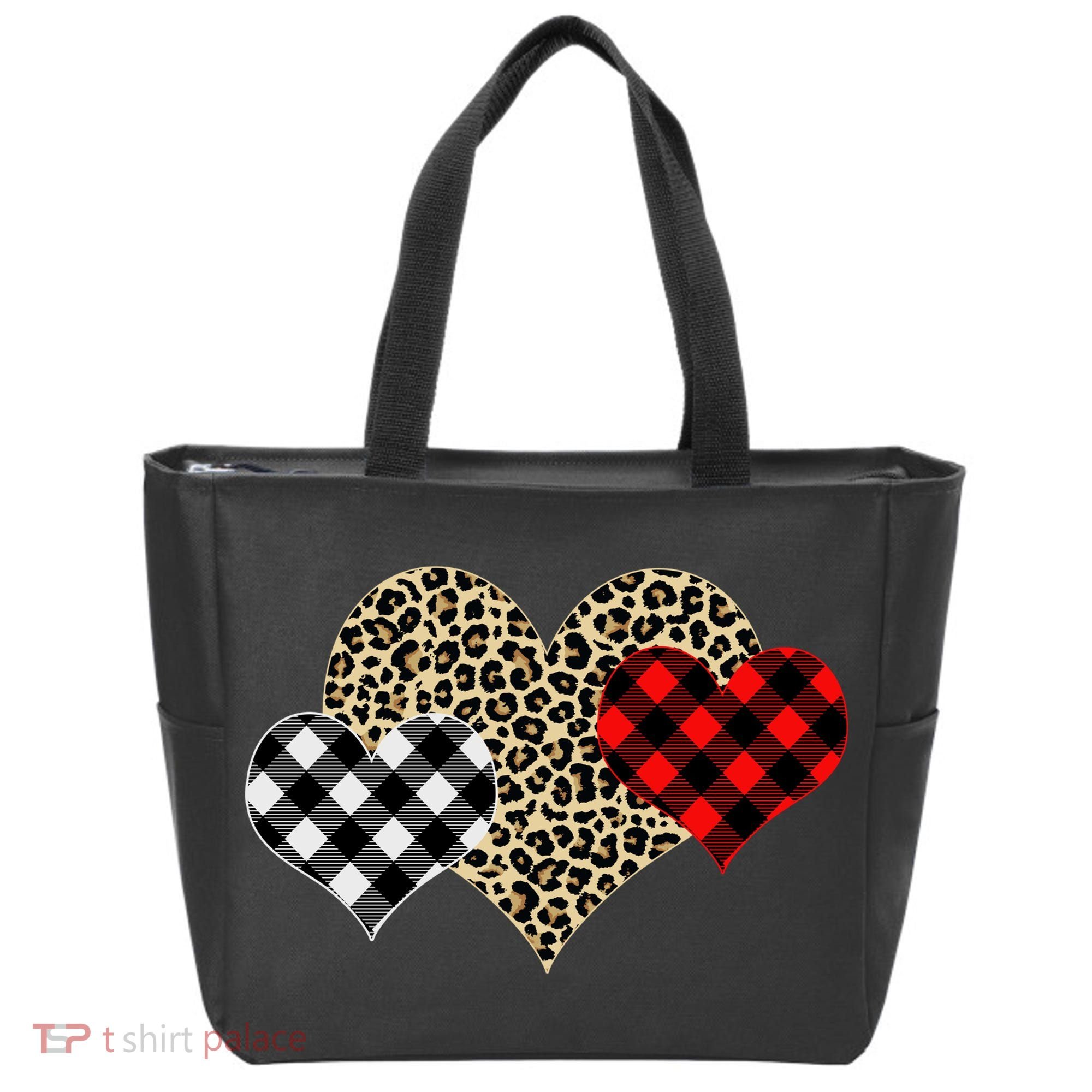 Cute Stylish Leopard Plaid Print Valentine Hearts Tote Bag