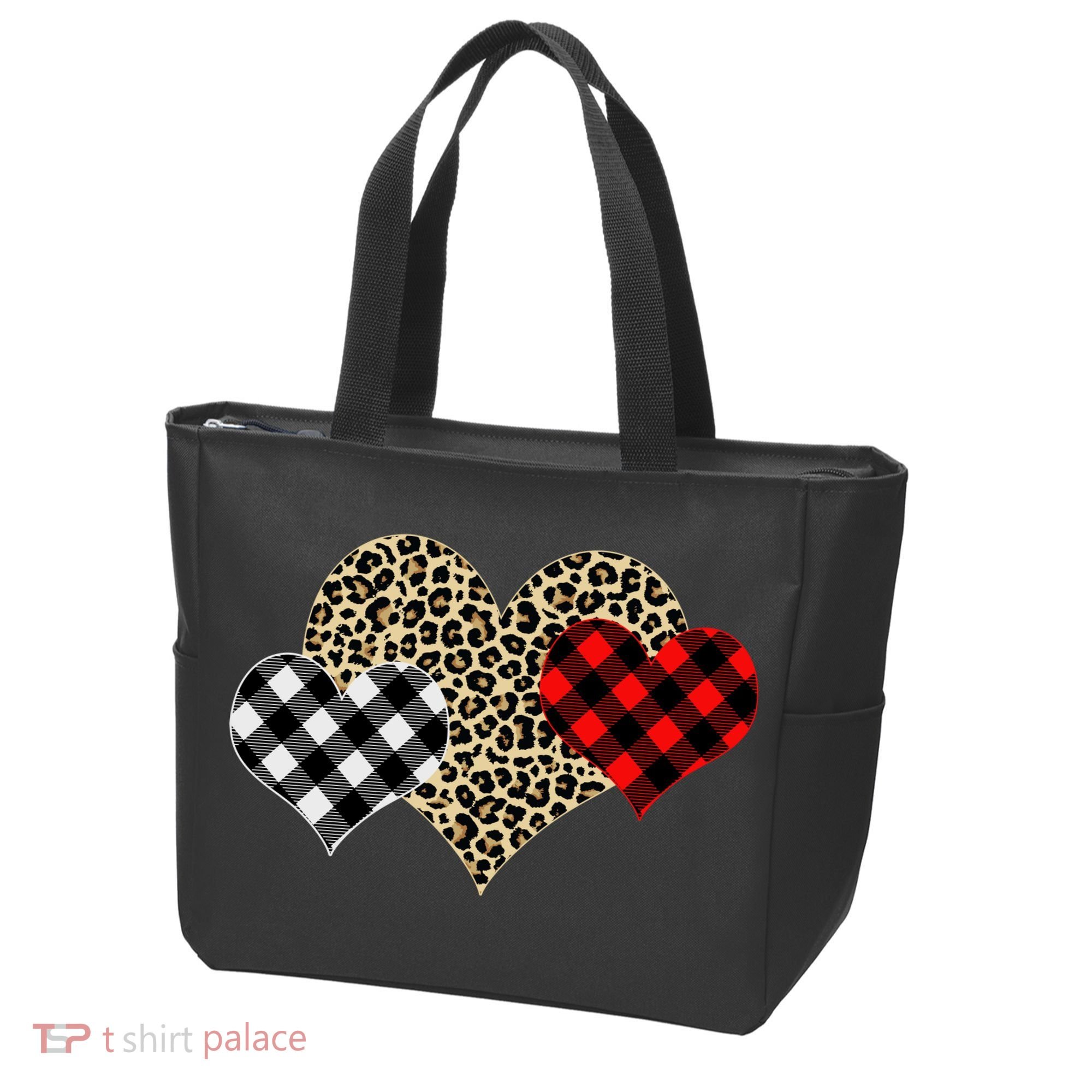 Cute Stylish Leopard Plaid Print Valentine Hearts Tote Bag