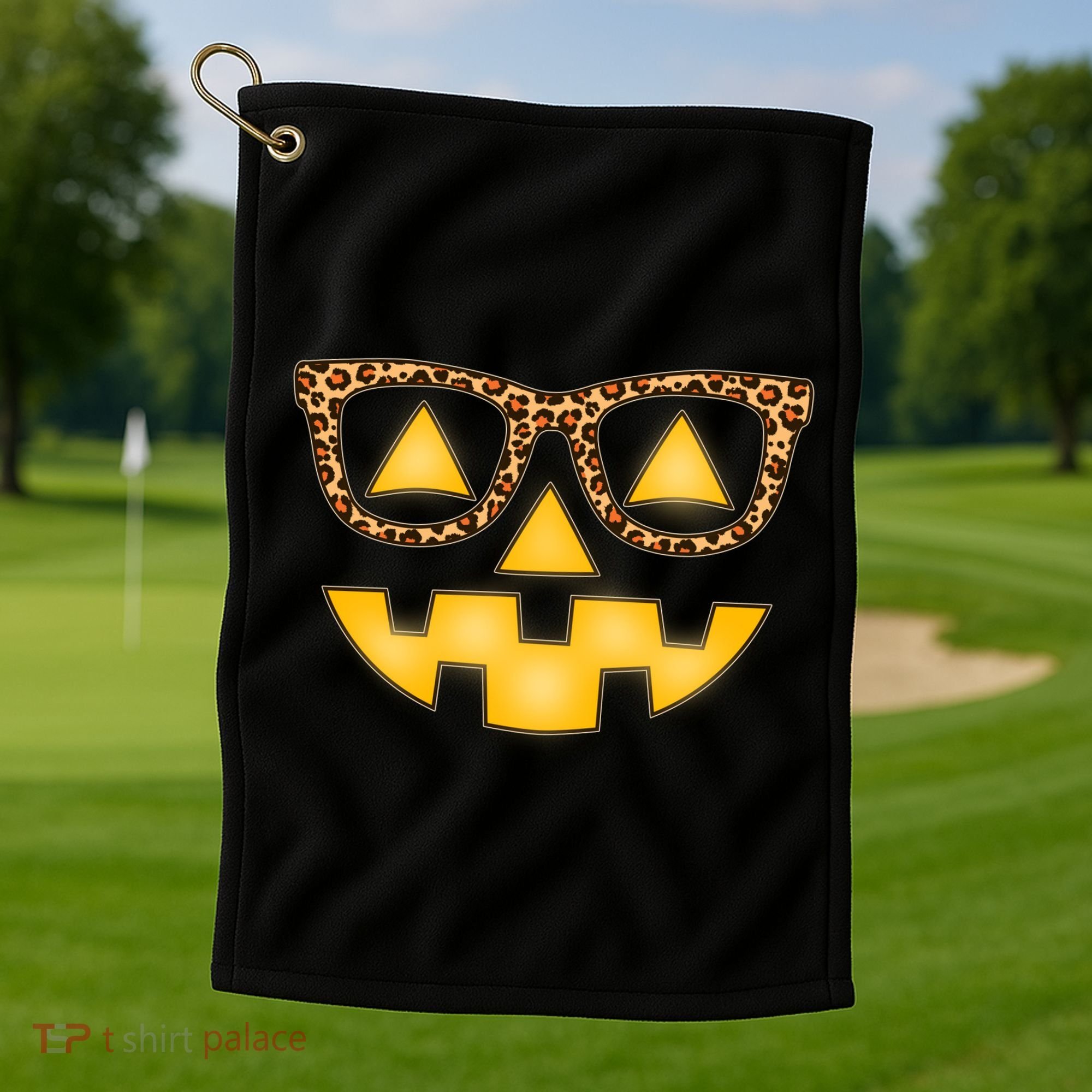 Cute Stylish Pumpkin Face With Glasses Golf Towel