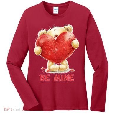 Cute Teddy Bear Holding Heart Be Mine Valentine's Day Women's Long Sleeve Shirt