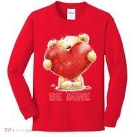 Cute Teddy Bear Holding Heart Be Mine Valentine's Day Kids Long Sleeve Shirt thumb 0
