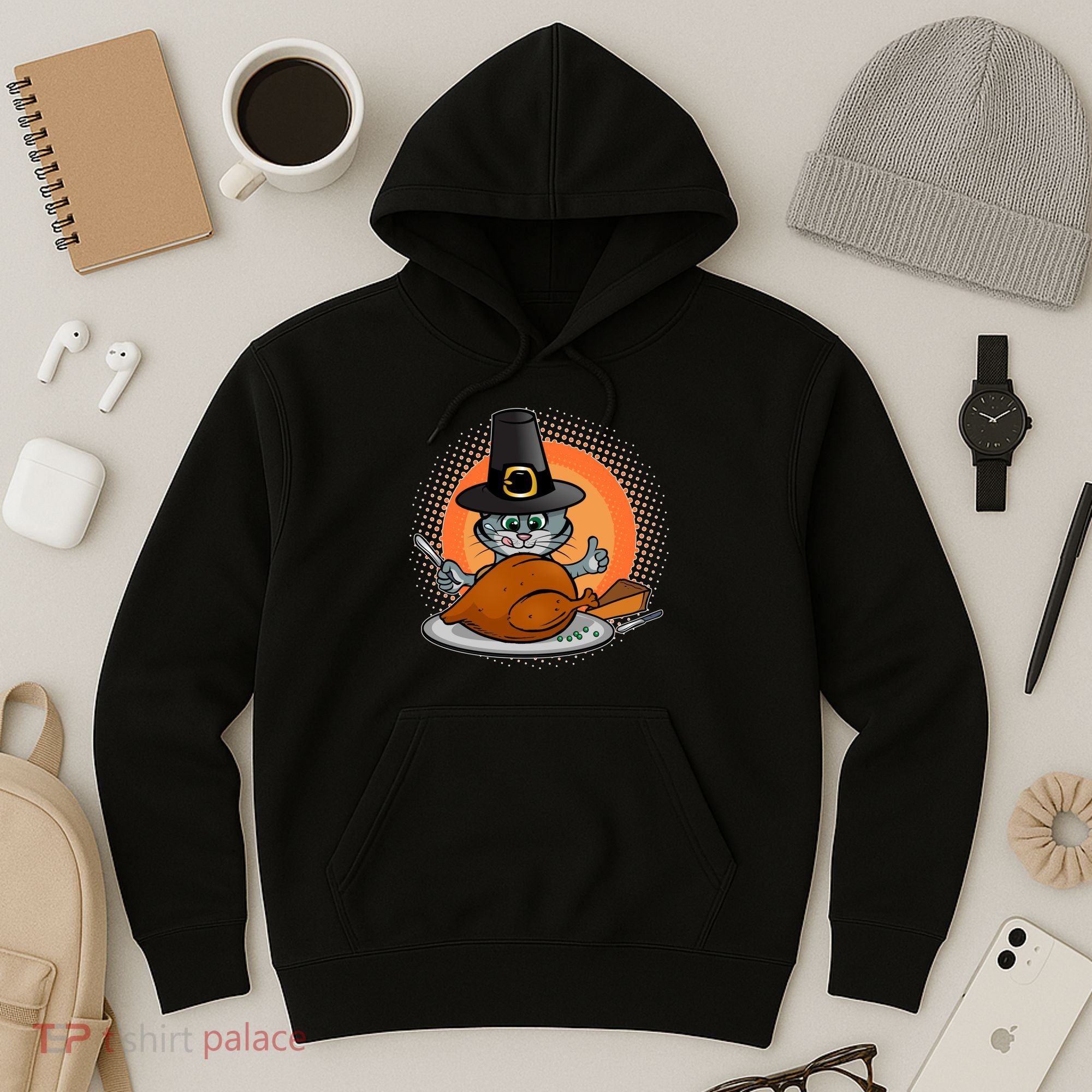Cute Thanksgiving Happy Kitty Turkey Dinner Hoodie