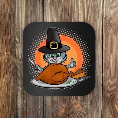 Cute Thanksgiving Happy Kitty Turkey Dinner Coaster