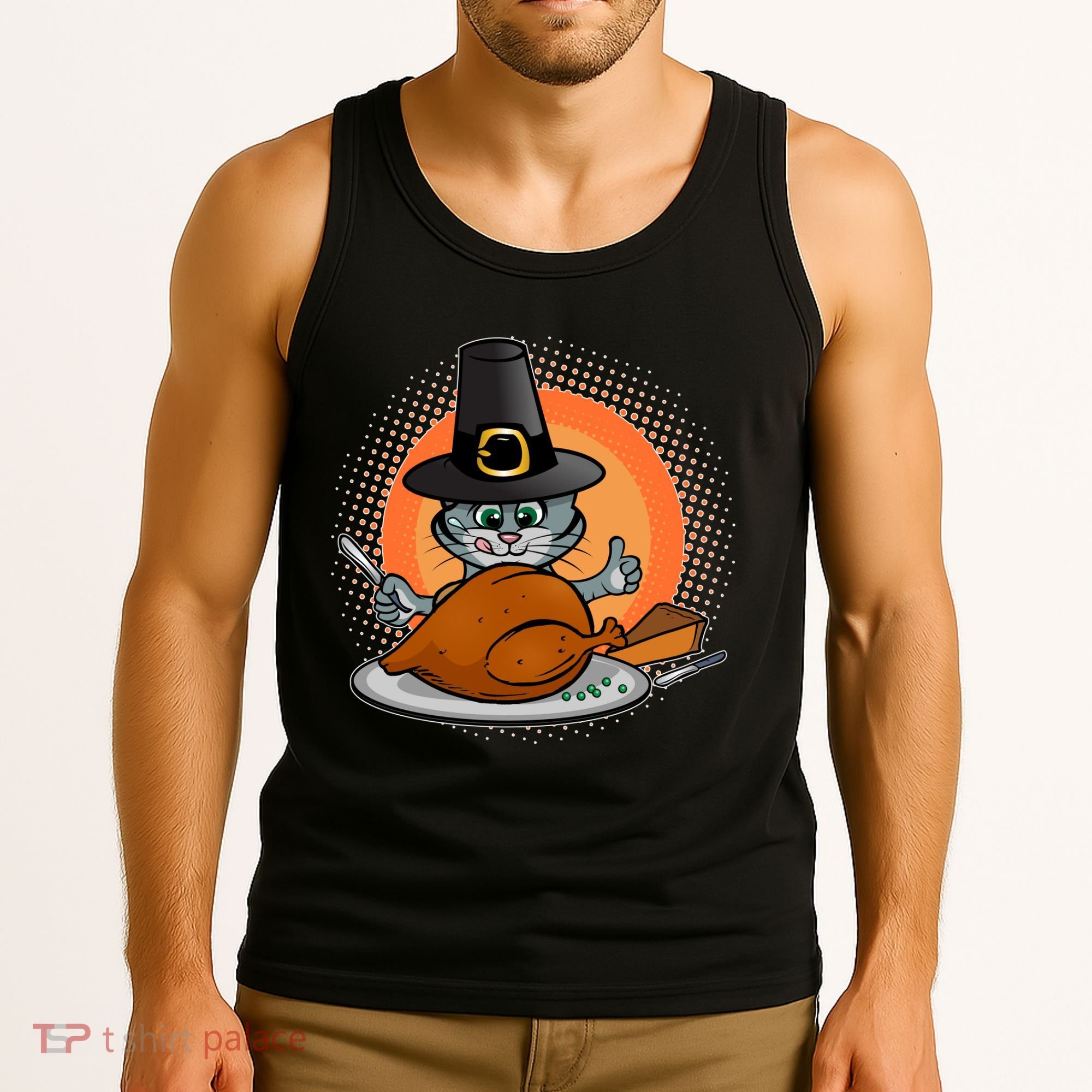 Cute Thanksgiving Happy Kitty Turkey Dinner Tank Top
