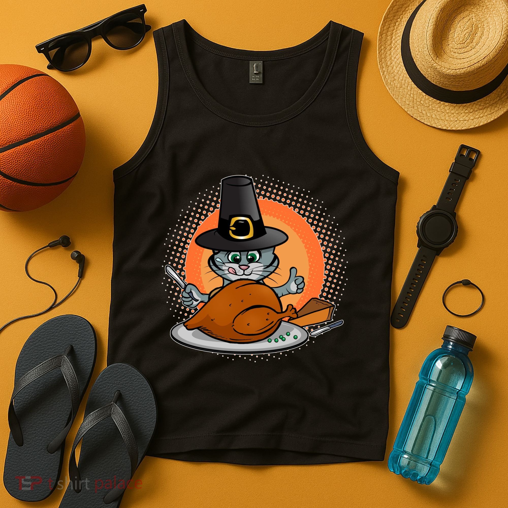 Cute Thanksgiving Happy Kitty Turkey Dinner Tank Top