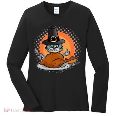Cute Thanksgiving Happy Kitty Turkey Dinner Women's Long Sleeve Shirt